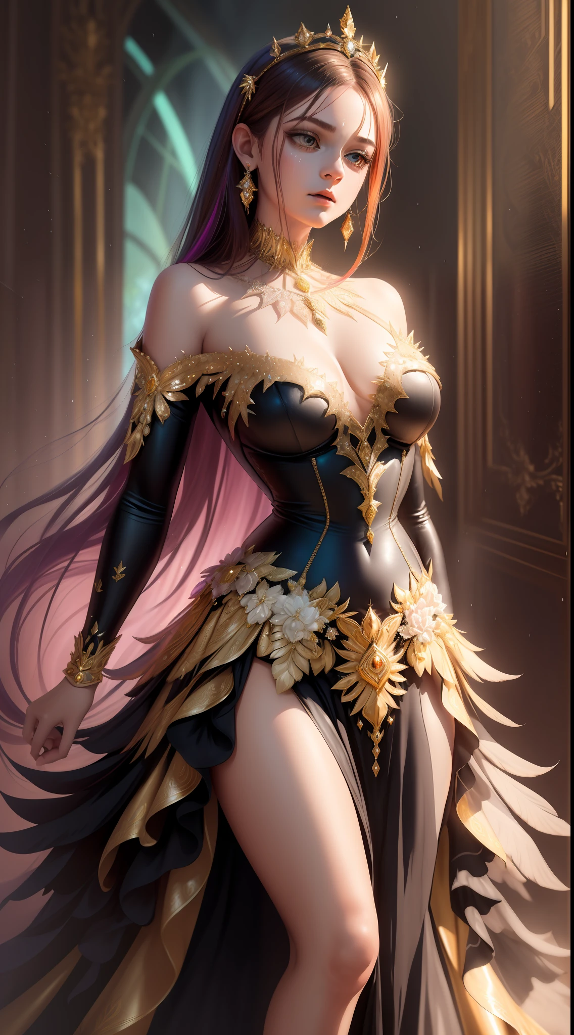 (uma rainha em um vestido dourado) amazing quality, detalhes impressionantes, textura rica, lighting dramatic, efeito de profundidade, pose majestosa, estilo realista, detalhes do vestido destacados, cores vibrantes, powerful facial expression.