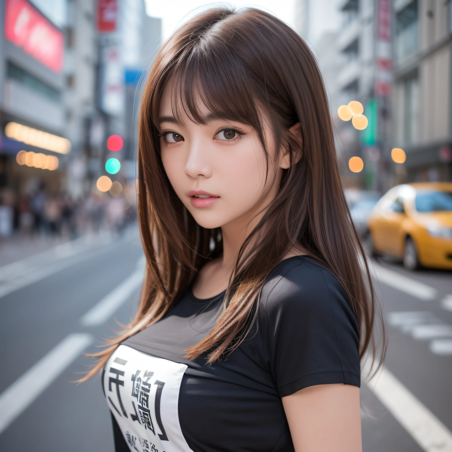 ((Realistic lighting、top-quality、in 8K、Master masterpiece:1.3))、Clear focus:1.2、Cute s、Perfect Body Beauty:1.4、Slim abs:1.1、full bodyesbian((dark brown hair、large full breasts:1.3))、(Acceleration:1.4)、Streets of Tokyo、Slender face、Fine eyes、二重まぶた、Fashion Model Pose、Floating hair、tshirts、JINS、