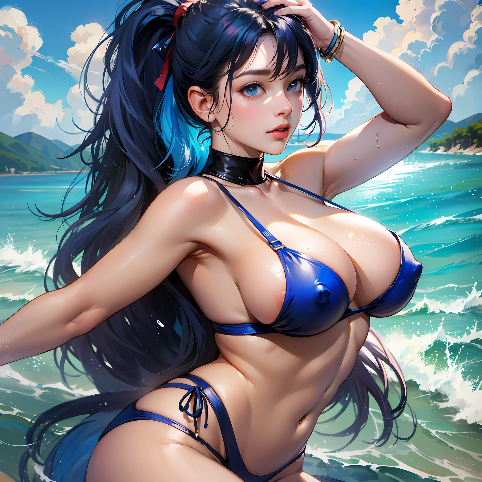 8K、top-quality、An ultra-high picture quality、full bodyesbian、Looking at the camera、Beautuful Women、Long blue hair ponytail、shinny skin、Water running through the skin、Very gigantic-breasts、extremely big ass、shinny skin 、Bikini with very little fabric area、See-through nipples、beach、Slouched --auto --s2