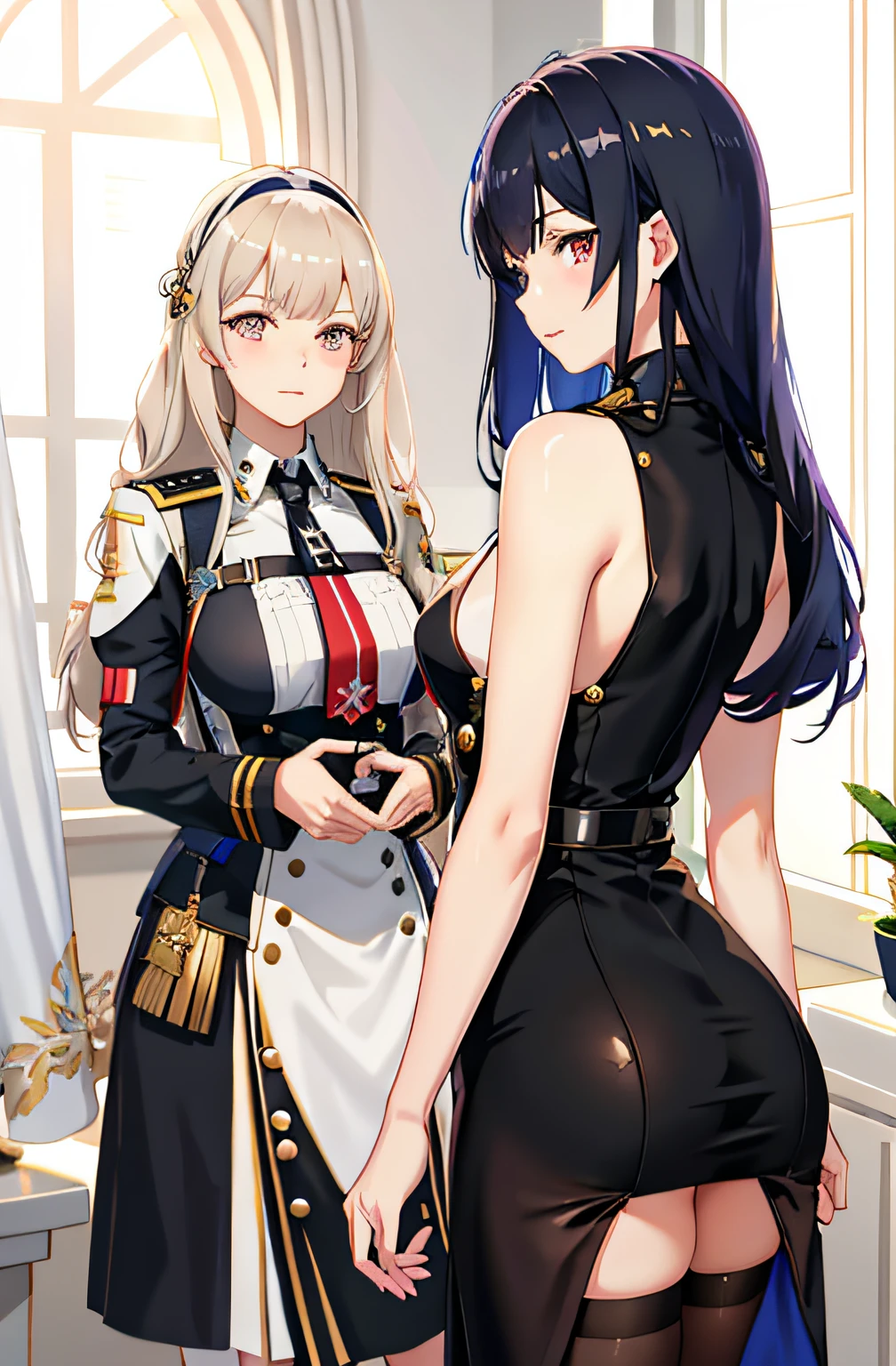 Anime girl in uniform standing next to another woman in dress, Fine details. Girl Front, from girls frontline, Girls Frontline CG, girls frontline style, azur lane style, Girl Front, 《azur lane》role, girls frontline universe, WLOP and Sakimichan, Range Murata and Artgerm, A scene from the《azur lane》videogame
