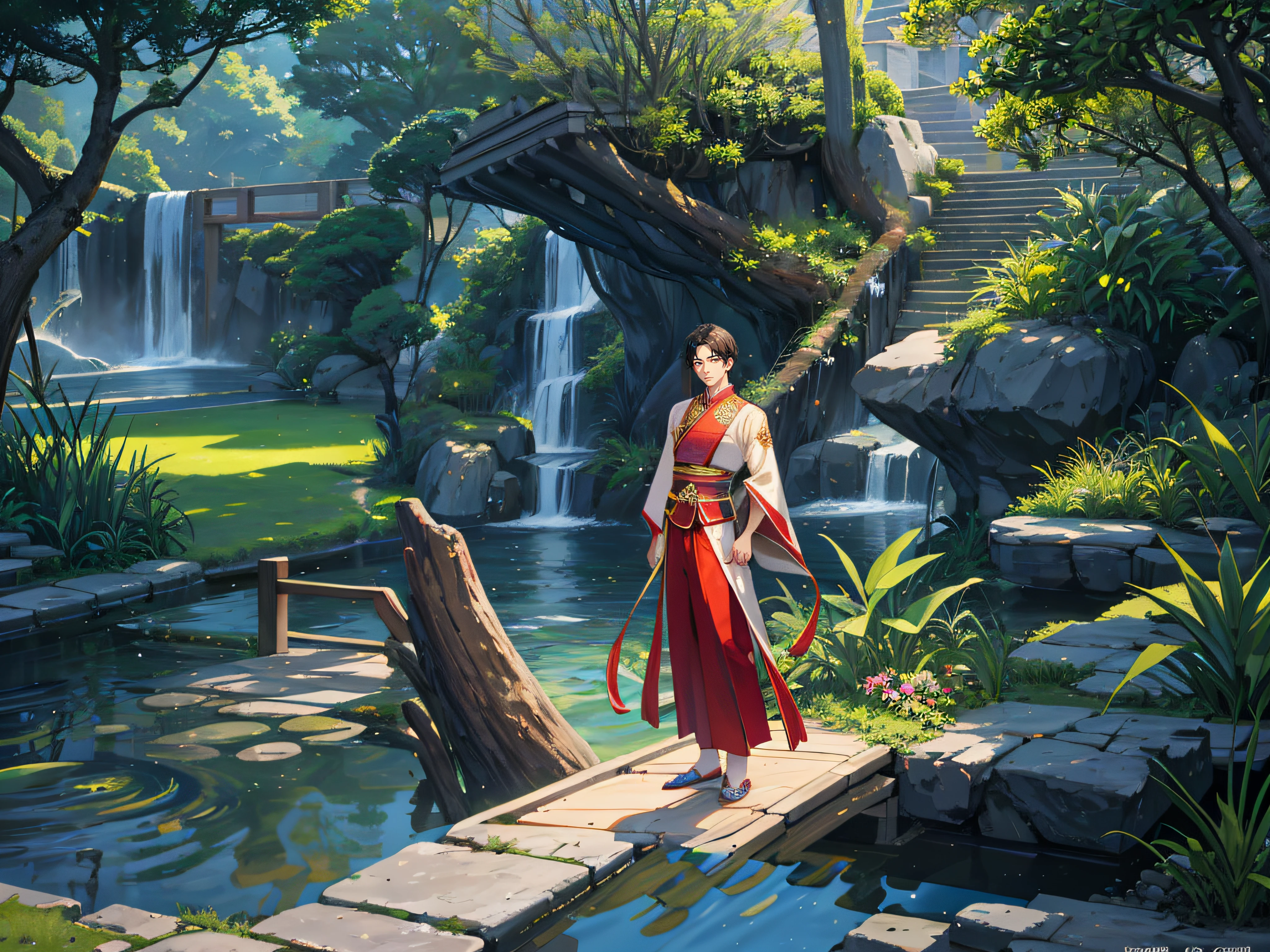 The Chinese man is very handsome.,Wearing a white traditional Chinese dress.,stand,Living in beautiful ancient China,natural light,Oil Painting Portrait