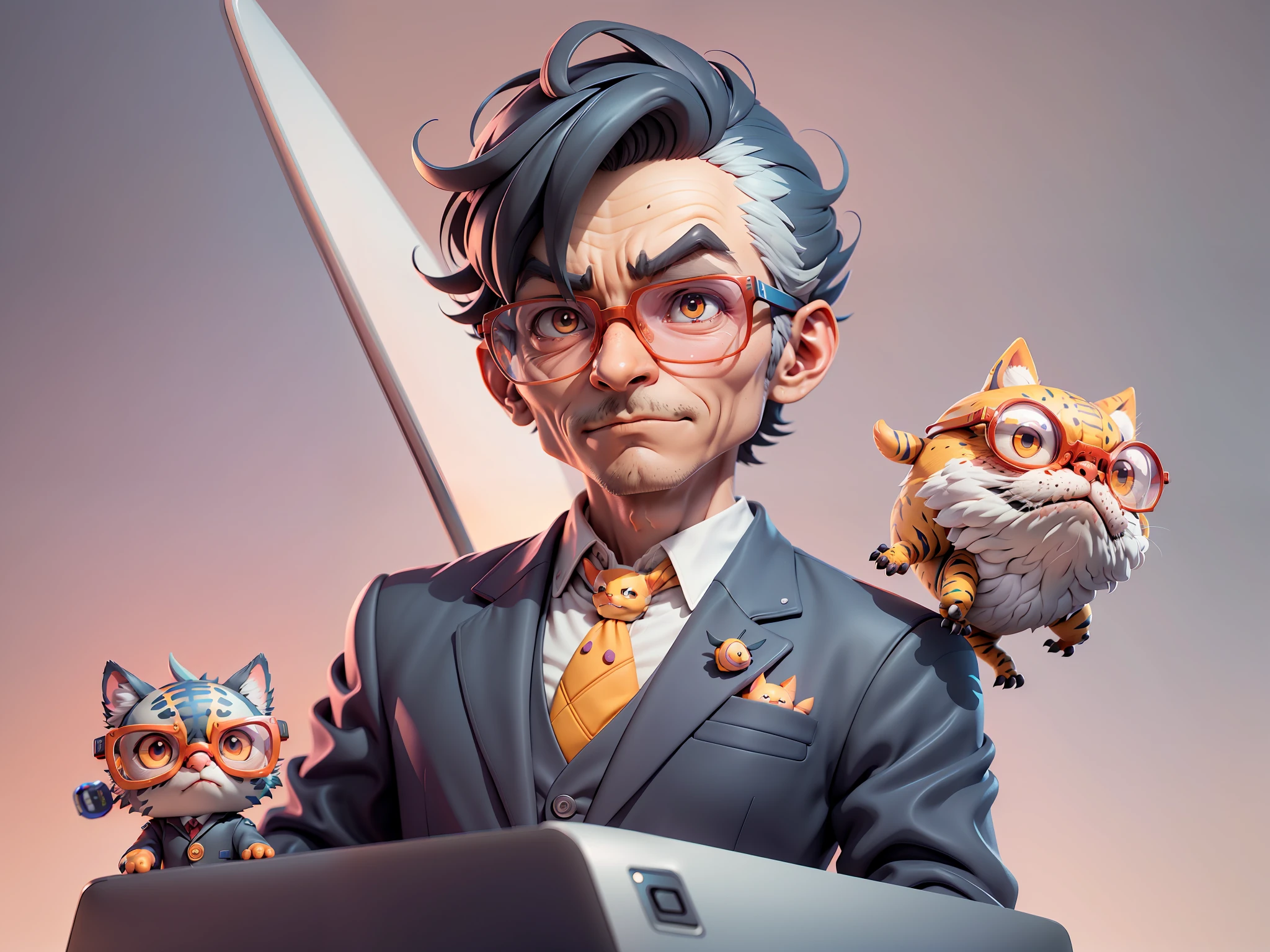 A young man in a suit, Short hair and glasses sat at his desk，holding laptop，digitial painting，tigre，3D character design by Mark Clairen and Pixar and Hayao Miyazaki and Akira Toriyama，4K HD illustration，Very detailed facial features and cartoon-style visuals。