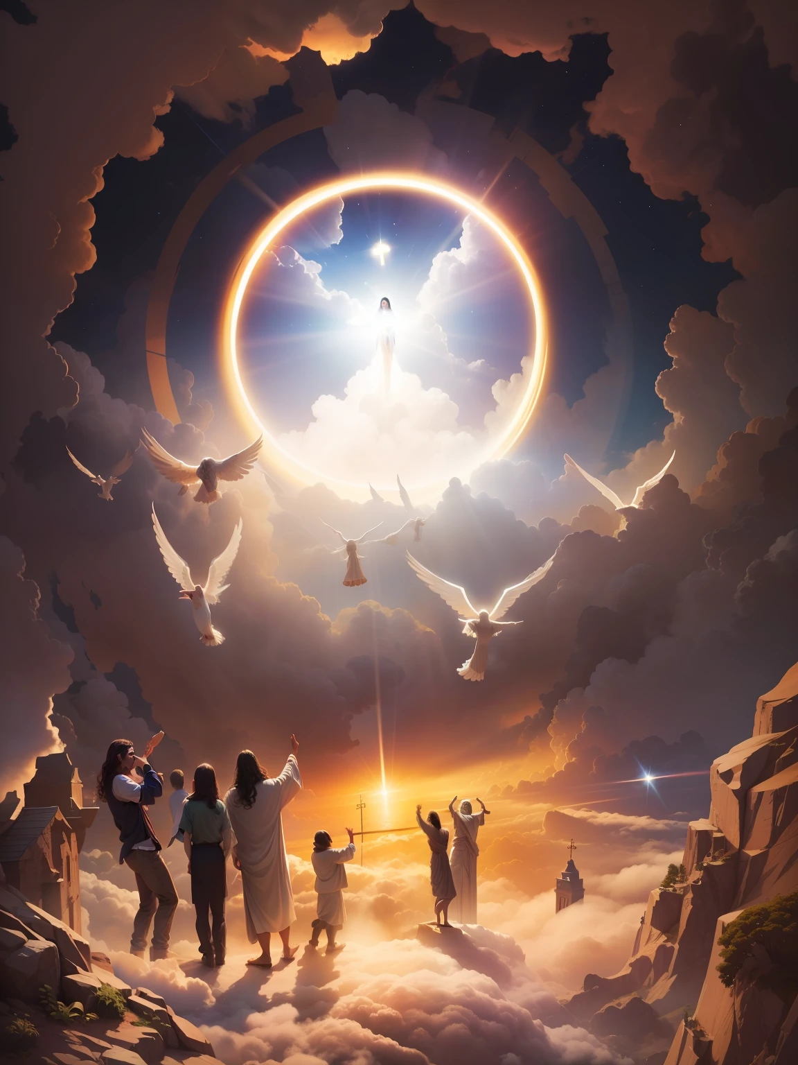 Jesus Christ shining on the clouds of heaven, cercado por anjos. E na terra pessoas olhando para ele. image with very high quality and resolution, imagem hiperdetalhada, imagem hiper realista, image with great lighting.