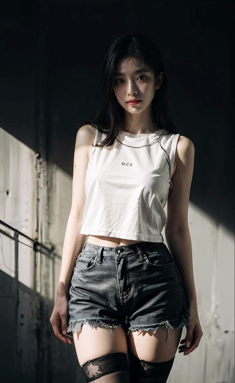Best quality, masterpiece level, intricate details, high-precision graphics, ultra-HD quality, detailed shadows, fantastic atmosphere, dark background, shadow effect, local light, a pure beauty girl, personal solo display, exquisite and detailed face and eyes, real skin fit, black and white contrast scheme, high waist and slender leg line, shorts with stockings, (sleeveless T-shirt for top, full body presentation),