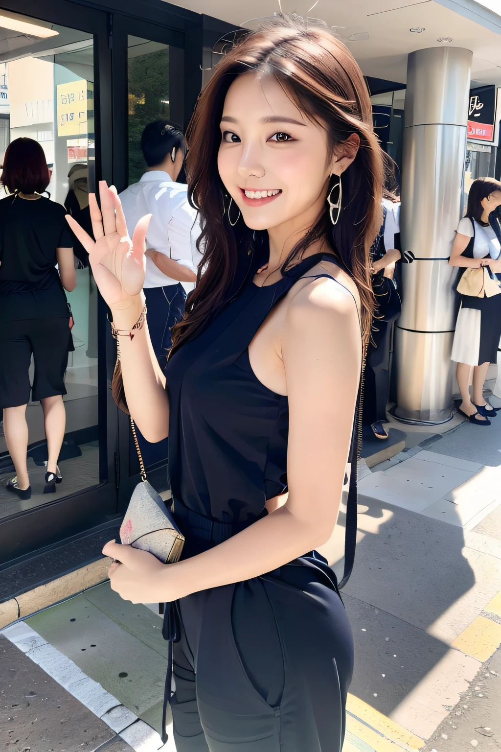 (masterpiece:1.3), high resolution, ultra detailed, extremely detailed CG unity 8k wallpaper, realistic, photo-realistic, RAW photo, beautiful detailed face, pale skin, realistic glistening skin, detailed cloth texture, detailed hair texture, Perfect Style, Beautiful Face, accurate, Anatomically correct, Highly detailed face and skin texture, natural neck length,
BREAK
Detailed eyes, symmetric eyes, Brown eyes, Double eyelids, Thin eyebrows, (Sexy Lips:1.3), (Glossy lips:1.4) (happy smile:1.3),
BREAK,
((Innocent and Cute girl:1.3)), ((wearing a Navy jump suit:1.2)), (White store:1.1), (beautiful clavicle), ((White pareo skirt:1.2)), (cross strap shoes:1.2),
((clutch bag over shoulder:1.2)), shiny small (necklace, bracelet), ((large hoop earrings:1.2)),
Layered Hairstyle, (brown hair:1.2), (wavy hair:1.2), medium long hair,
large breasts, (firm breast), nicely shaped breasts, (beautiful bowl shaped breast:1.1)
BREAK,
((Standing Sexy Pose that Waving her hand slightly:1.3)), (in front the Station of Shibuya of Japan), ((looking at viewer:1.2)),
((Cowboy shot:1.3)), (Focus on face:1.2), (from side),