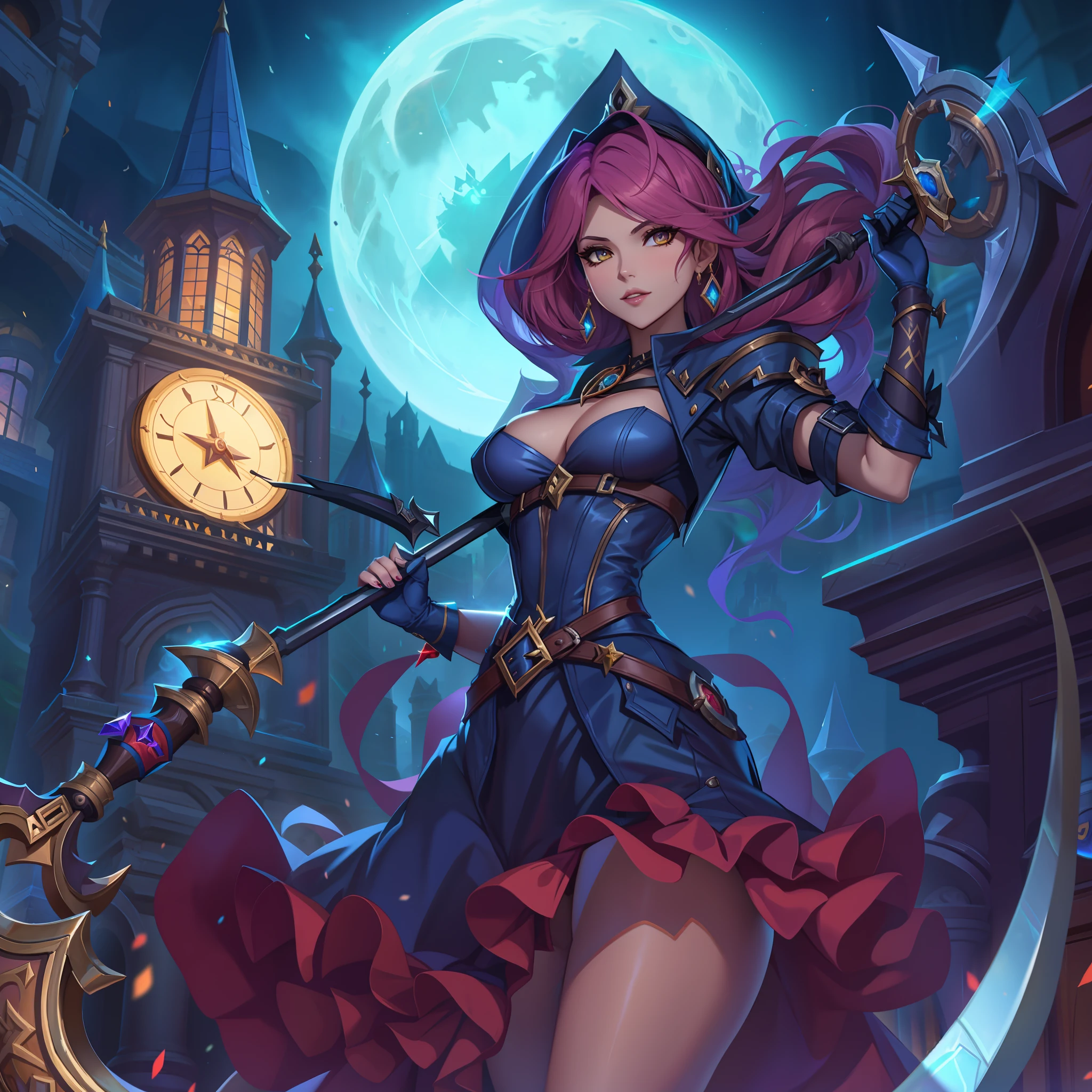 Witch with a sickle and a clock in front of a full moon, Miss Fortuna, Miss Fortune League of Legends, Catherine, Arte estilo League of Legends, Estilo de arte de League of Legends, Leblanc, Artgerm extremamente detalhado, cushart krenz arte chave feminina, estilo artgerm, fantasia estilo de arte hearthstone, Samira de League of Legends