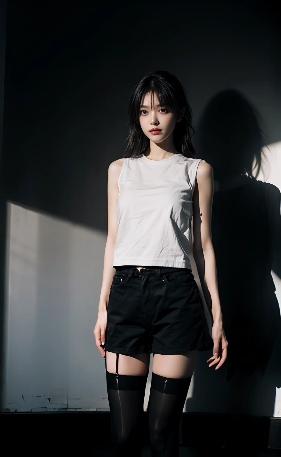 Best quality, masterpiece level, intricate details, high-precision graphics, ultra-HD quality, detailed shadows, fantastic atmosphere, dark background, shadow effect, local light, a pure beauty girl, personal solo display, exquisite and detailed face and eyes, real skin fit, black and white contrast scheme, high waist and slender leg line, shorts with stockings, (sleeveless T-shirt for top, full body presentation),