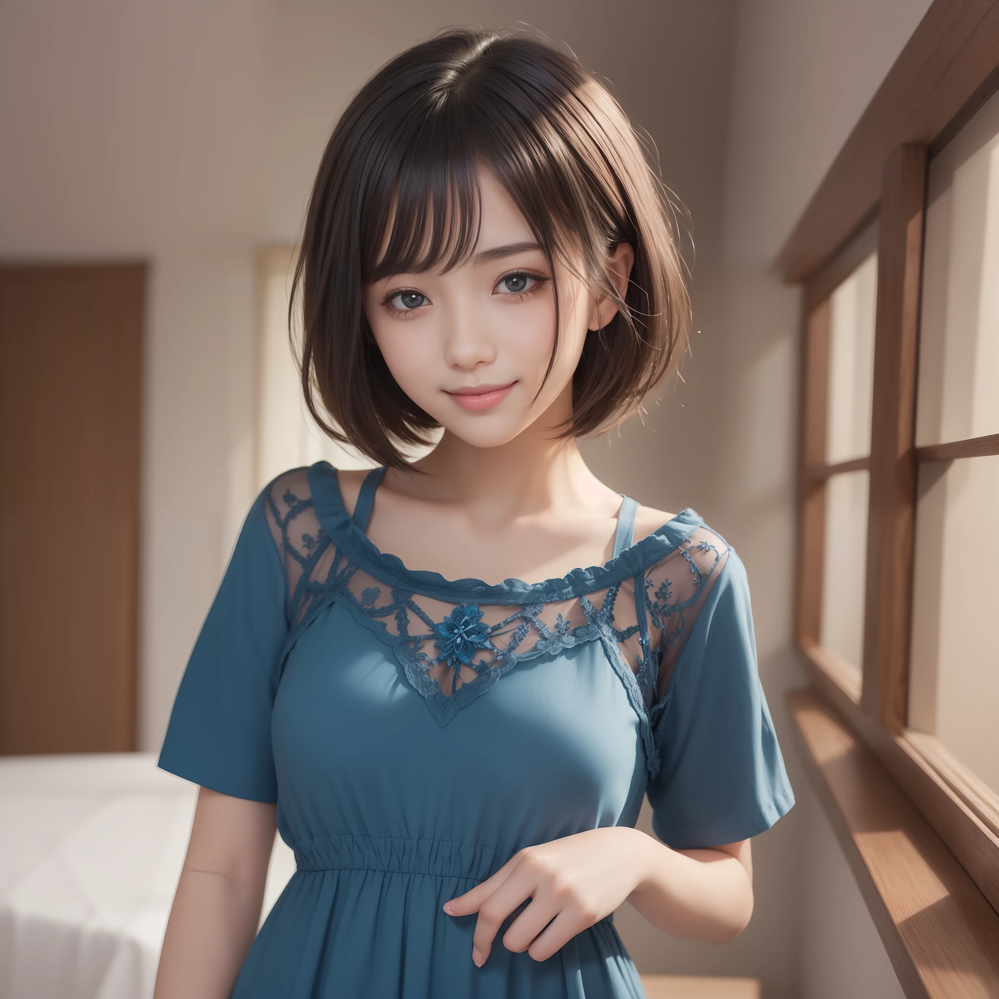 Image of a beautiful girl with top quality CG illustration。In high resolution、Beautiful fine details、tranquil atmosphere。Black Hair Bob Hair、cute smile face。Girl in blue light short sleeve dress standing in room。