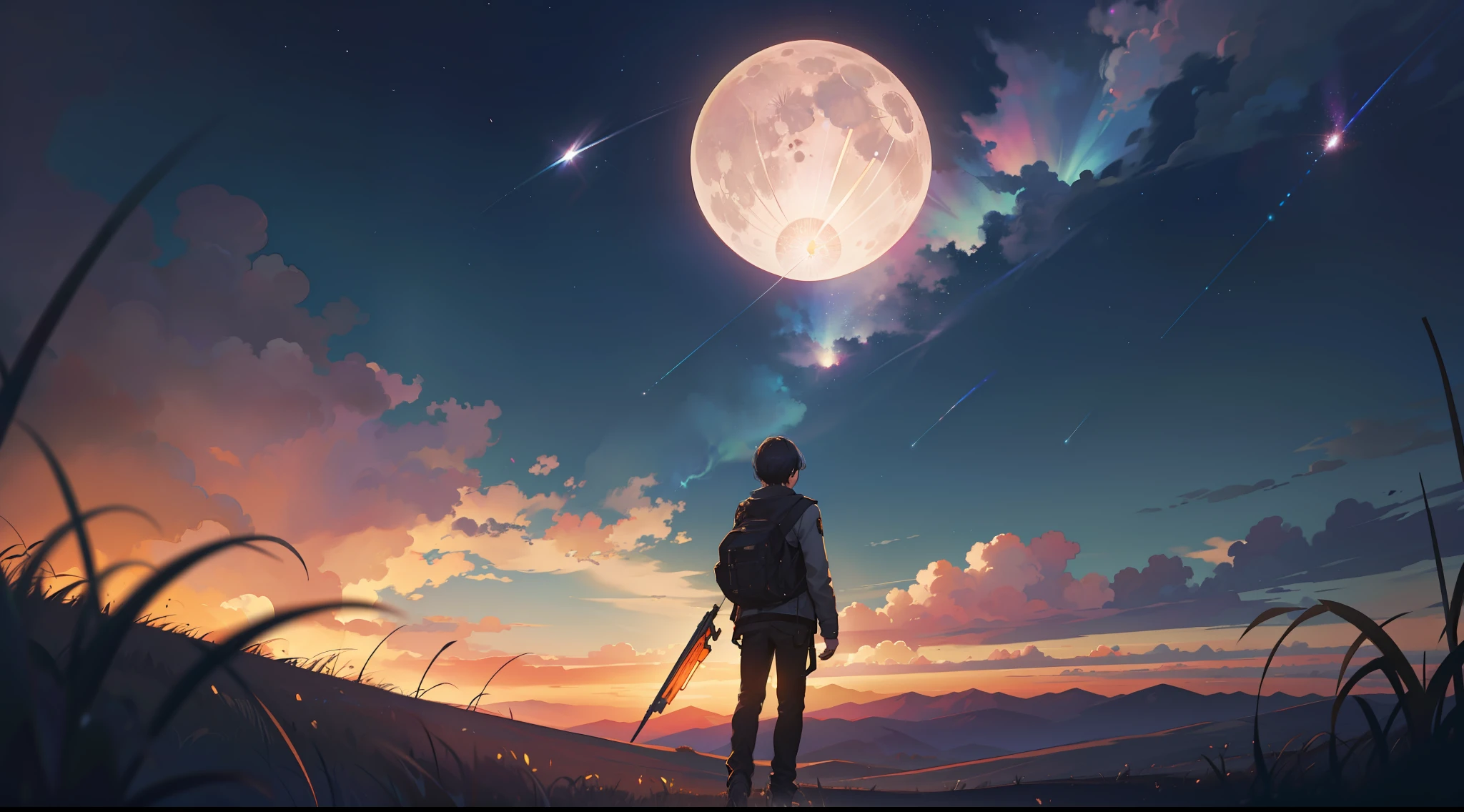 Expansive landscape photograph, (view from below with a view of the sky and wilderness below), a guy standing in a grass field looking up, 25 year old guy, short hair, black hair, glasses, ragged attire, (full moon: 1.2), (shooting star: 0.9), (nebula: 1.3), distant mountain, tree break production art, (warm light source: 1.2), (firefly: 1.2), lamp, purple and orange, intricate detail, volume lighting, realism break (masterpiece: 1.2) (Best Quality), 4K, Ultra-Detailed, (Dynamic Configuration: 1.4), Highly Detailed and Colorful Details, (Iridescent Colors: 1.2), (Glowing Lighting, Atmospheric Lighting), Dreamy, Magical, (Solo: 1.2)