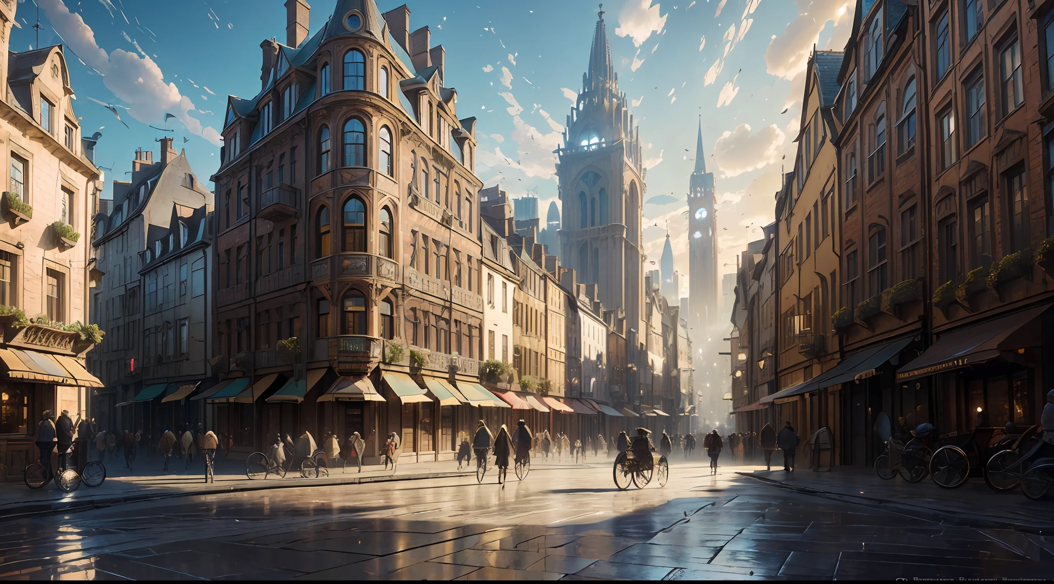 "(ultra-detailed CG unity 8k wallpaper, masterpiece, best quality, depth of field, HDR, intricate), (by Greg Rutkowski: 1.2), City of wind, bustling streets, medieval fantasy buildings, vibrant atmosphere, dynamic angles, architectural marvels, busy pedestrians, swirling leaves, sunlight piercing through buildings, urban energy, lively cityscape, windy."