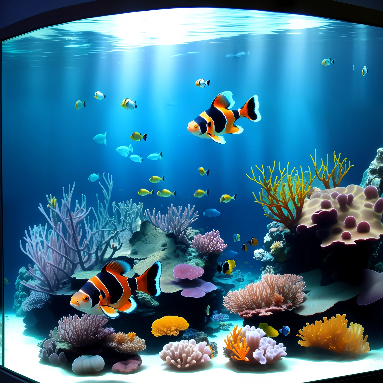 Marine aquarium with clown fish , Kinematic, atmospheric, filmado, foto detalhada