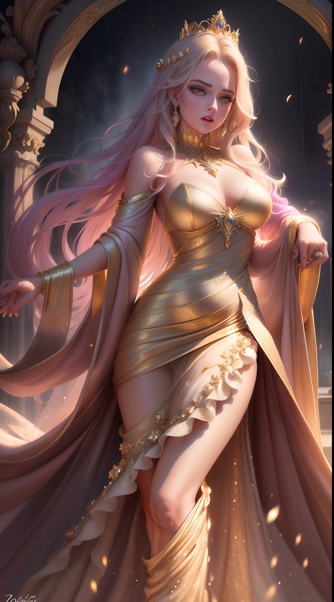 (uma rainha em um vestido dourado) amazing quality, detalhes impressionantes, textura rica, lighting dramatic, efeito de profundidade, pose majestosa, estilo realista, detalhes do vestido destacados, cores vibrantes, powerful facial expression.