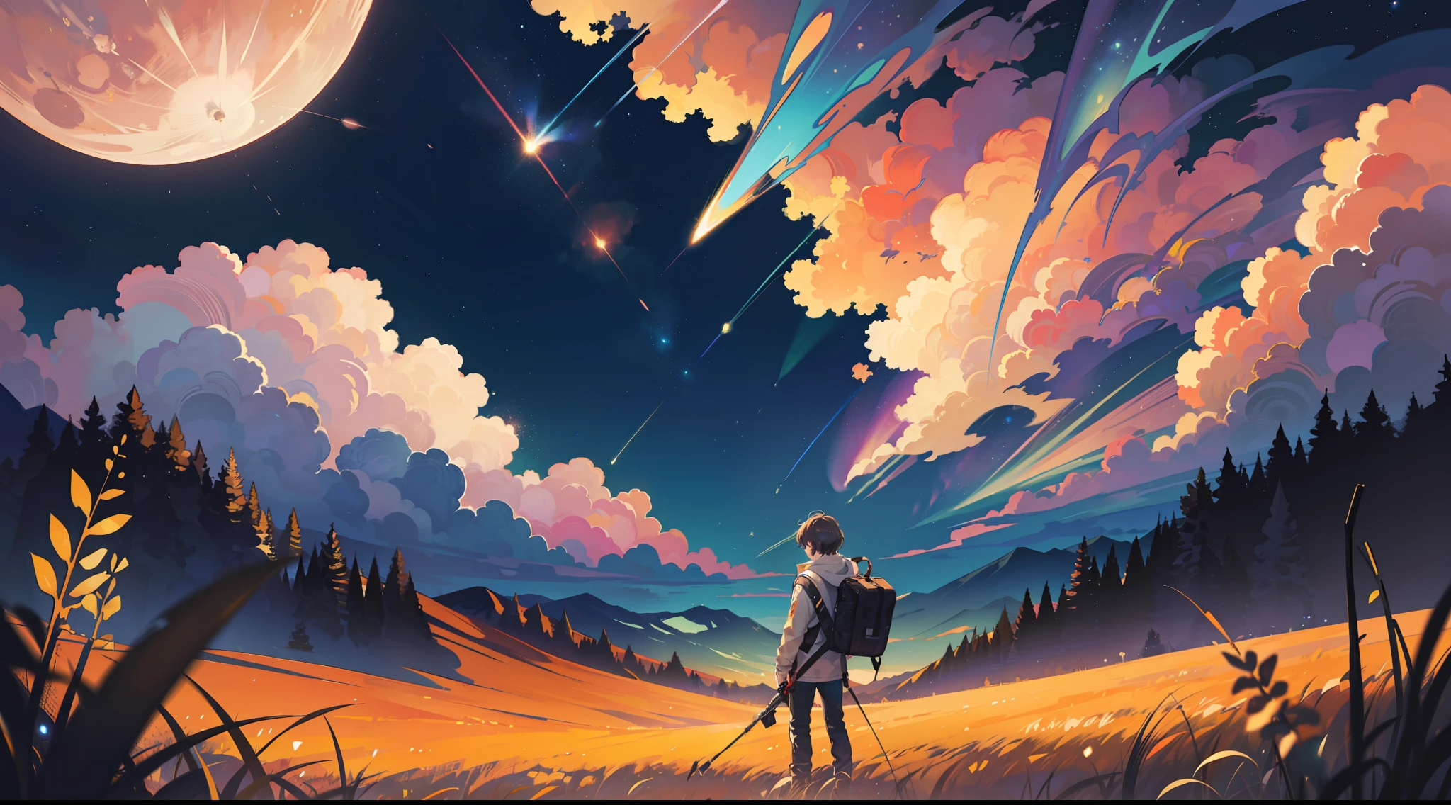 Expansive landscape photograph, (view from below with a view of the sky and wilderness below), a guy standing in a grass field looking up, 25 year old guy, short hair, black hair, glasses, ragged attire, (full moon: 1.2), (shooting star: 0.9), (nebula: 1.3), distant mountain, tree break production art, (warm light source: 1.2), (firefly: 1.2), lamp, purple and orange, intricate detail, volume lighting, realism break (masterpiece: 1.2) (Best Quality), 4K, Ultra-Detailed, (Dynamic Configuration: 1.4), Highly Detailed and Colorful Details, (Iridescent Colors: 1.2), (Glowing Lighting, Atmospheric Lighting), Dreamy, Magical, (Solo: 1.2)