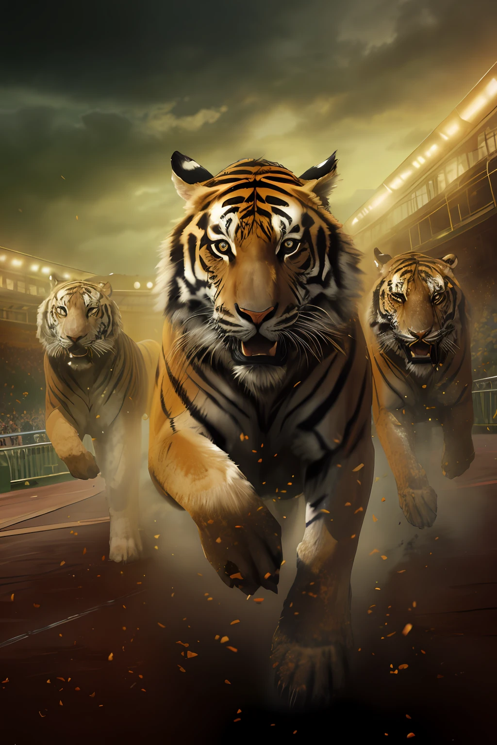 There are three tigers running on the track, tigre, Tiger_beast, by Daniel Taylor, fierce expression 4k, author:Wayne England, key art, author:Adam Maczynski, author:Micha Klein, author:a computer rendering by Scott M. Fischer, author:Luis Miranda, author:Martin Benka, tiger of fire flying, author:Drew Tucker