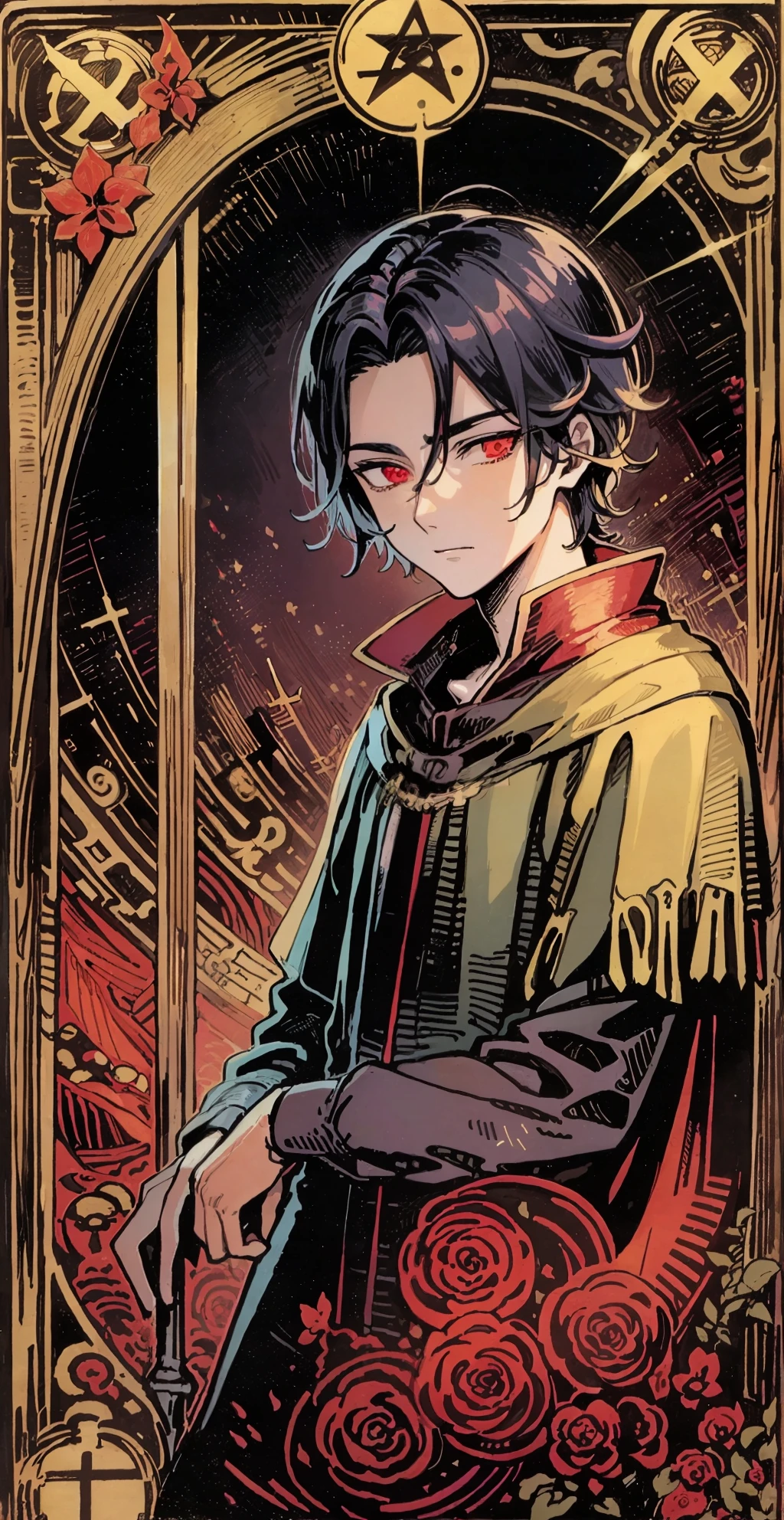 Tarot card, The Magician, esqueleto, standingn, vestes,toga preta,Red Glowing eyes