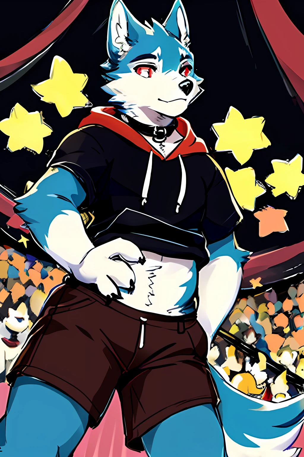 copperRTF，
tmasterpiece，best qualityer，Ridiculous res，Kiyosan，Empty ghost，
hairy pubic， coyote， male people， musculous， 独奏， hoody， trouser， red pupils， red color eyes，， Blue fur， Dark blue fur， Black collar
Look at the audience，Detailed fur，fluffly，coda，
detailedbackground， alleys，