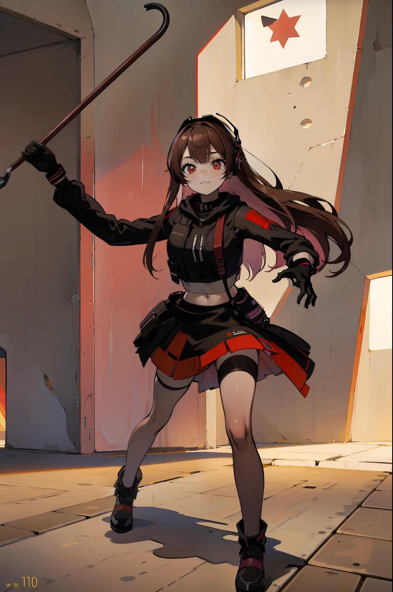 ((Masterpiece, highest quality)), detailed face, full of details, highly detailed, depth, 1girl, girl in a skirt and headphones, :3, long hair, bangs, multicolored hair, two-tone hair, gradient hair, brown hair with pink tips, black crop top, red skirt, gloves, stockings, black choker, red eyes, star (symbol), symbol-shaped pupils, gmodcrowbar, holding crowbar