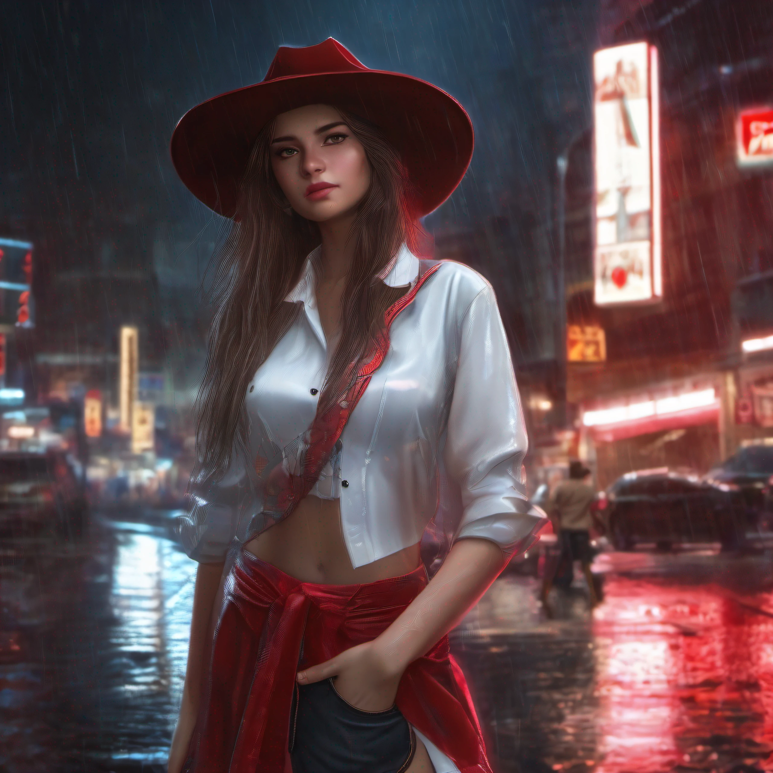 1girl, cowboy shot of zotovalentine, white shirt, red skirt, athletic, city, night, neon, rain, volumetric lighting, best quality, masterpiece, intricate details, tonemapping, sharp focus, hyper detailed, trending on Artstation, realistic,