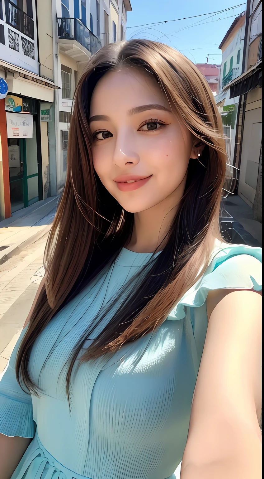 ((Melhor qualidade, 8k, Masterpiece :1.3)), 1girl, sorrindo, corpo inteiro, rosto magro, mulher bonita, (cabelo loiro), vestido de comprimento completo: 1.1, rosto ultra-detalhado, olhos detalhados, Double eyelidm, fundo desfocado, rosto fino, cidade, fora, rua,