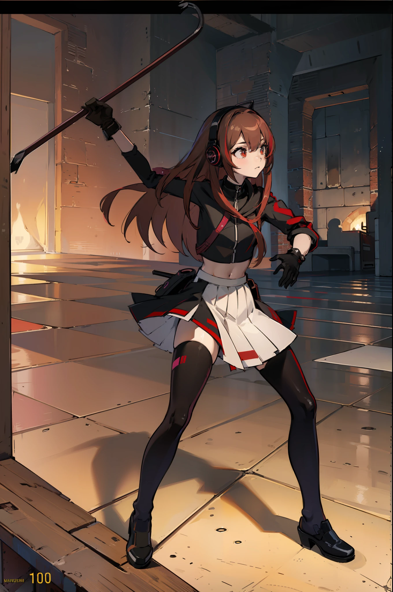 ((Masterpiece, highest quality)), detailed face, full of details, highly detailed, depth, 1girl, girl in a skirt and headphones, :3, long hair, bangs, multicolored hair, two-tone hair, gradient hair, brown hair with pink tips, black crop top, red skirt, gloves, stockings, black choker, red eyes, star (symbol), symbol-shaped pupils, gmodcrowbar, holding crowbar