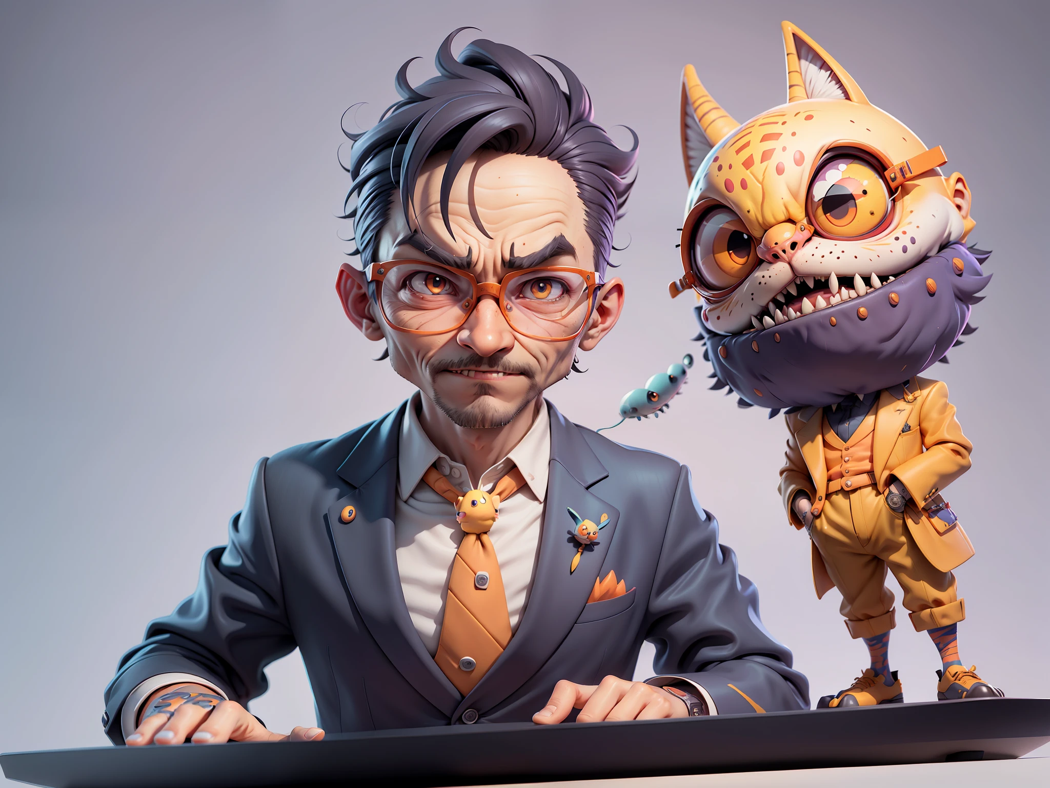 A young man in a suit, Short hair and glasses sat at his desk,holding laptop,digitial painting,tigre,3D character design by Mark Clairen and Pixar and Hayao Miyazaki and Akira Toriyama,4K HD illustration,Very detailed facial features and cartoon-style visuals。