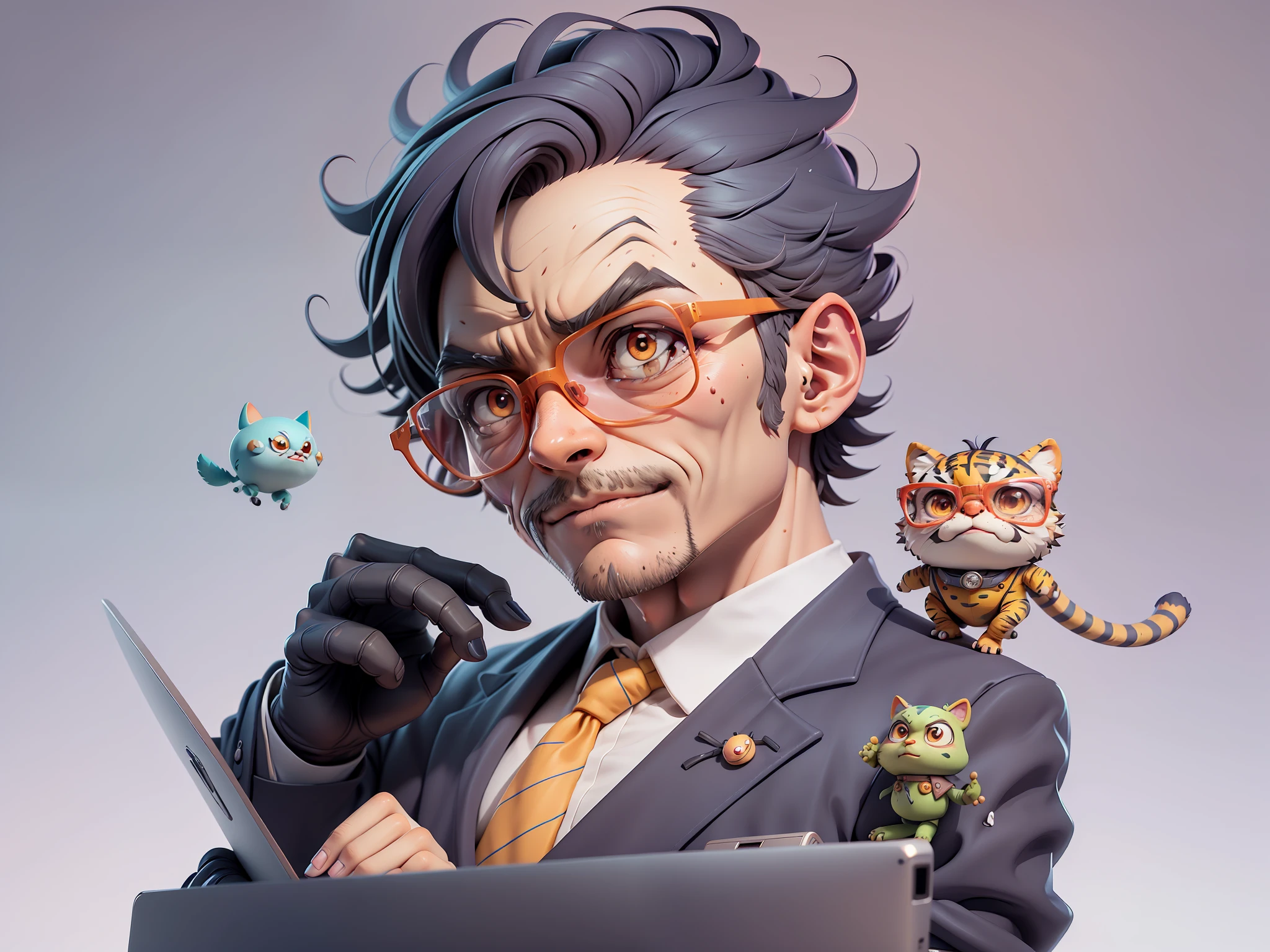 A young man in a suit, Short hair and glasses sat at his desk,holding laptop,digitial painting,tigre,3D character design by Mark Clairen and Pixar and Hayao Miyazaki and Akira Toriyama,4K HD illustration,Very detailed facial features and cartoon-style visuals。