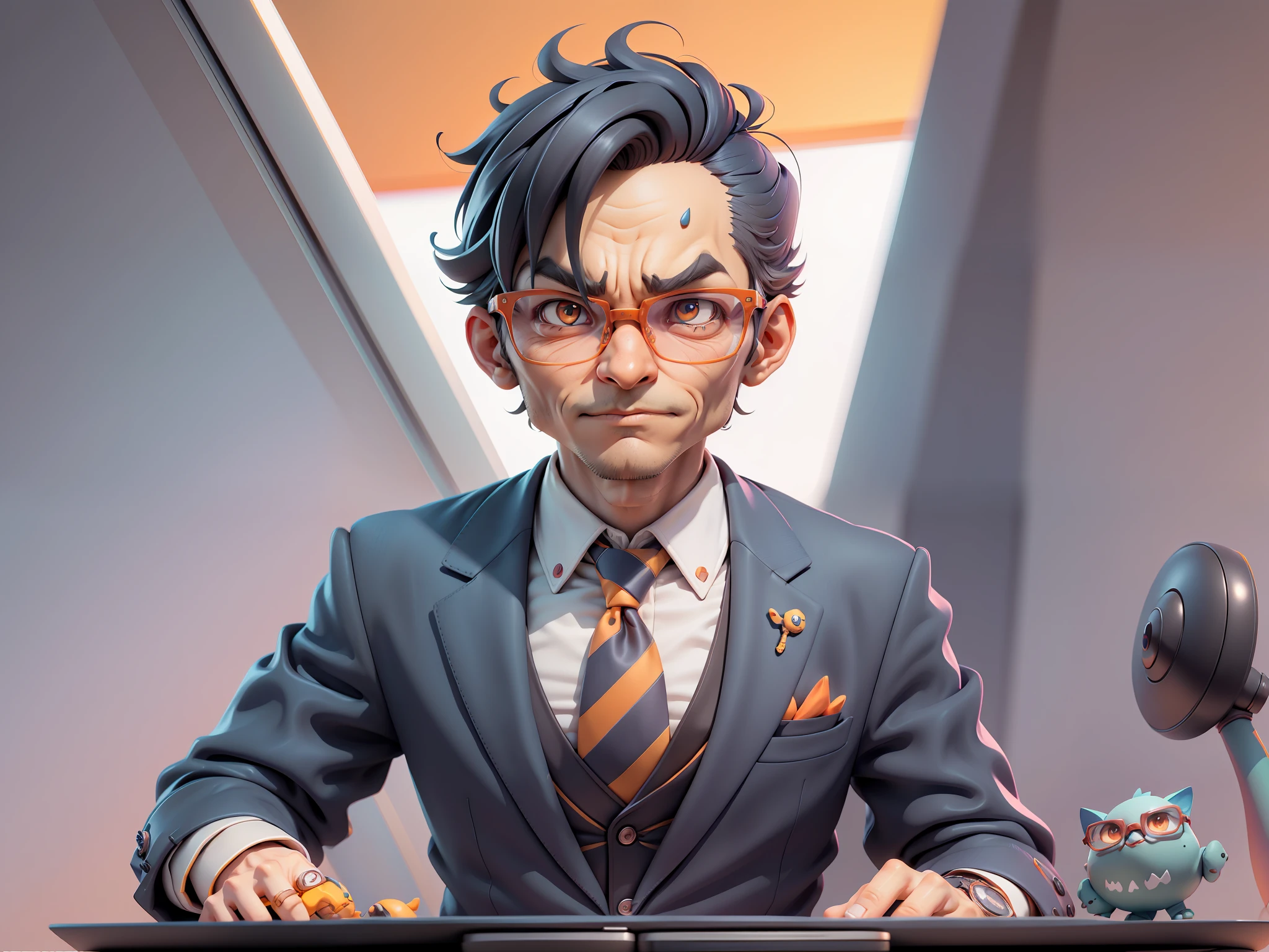 A young man in a suit, Short hair and glasses sat at his desk,holding laptop,digitial painting,tigre,3D character design by Mark Clairen and Pixar and Hayao Miyazaki and Akira Toriyama,4K HD illustration,Very detailed facial features and cartoon-style visuals。