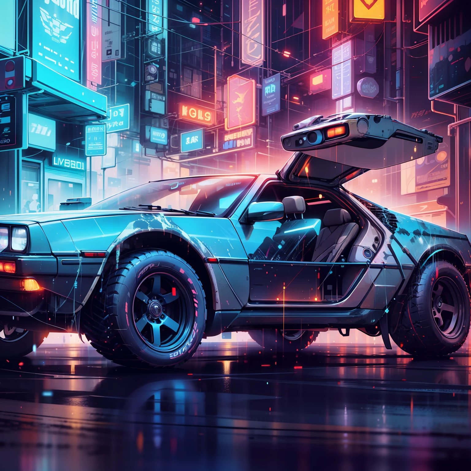 Masterpiece, best quality, Delorean, Back to the future, futuristic city, lit by neon lights, an intriguing silhouette of a futuristic car moves along the street, a mighty engine reveal hauntingly beyond the landscape of techno skycrappers and holograms, the car is out of this world, highly detailed, impressive, right out of movie, cyberpunk car, neon colors, movie poster