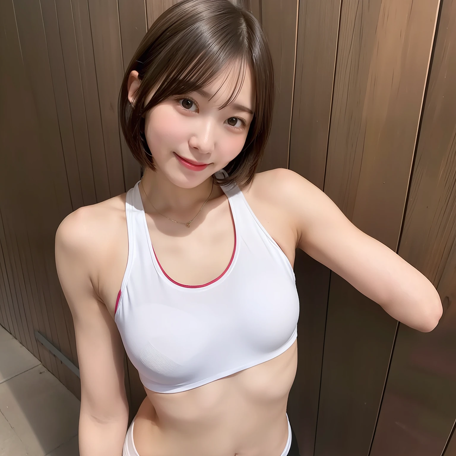 Realistic athlete woman　ssmile　short-cut　Separate Athletic Wear　Nipples show through　small tits　Clothes that dig into the crotch　sexy  pose　Delicate figure