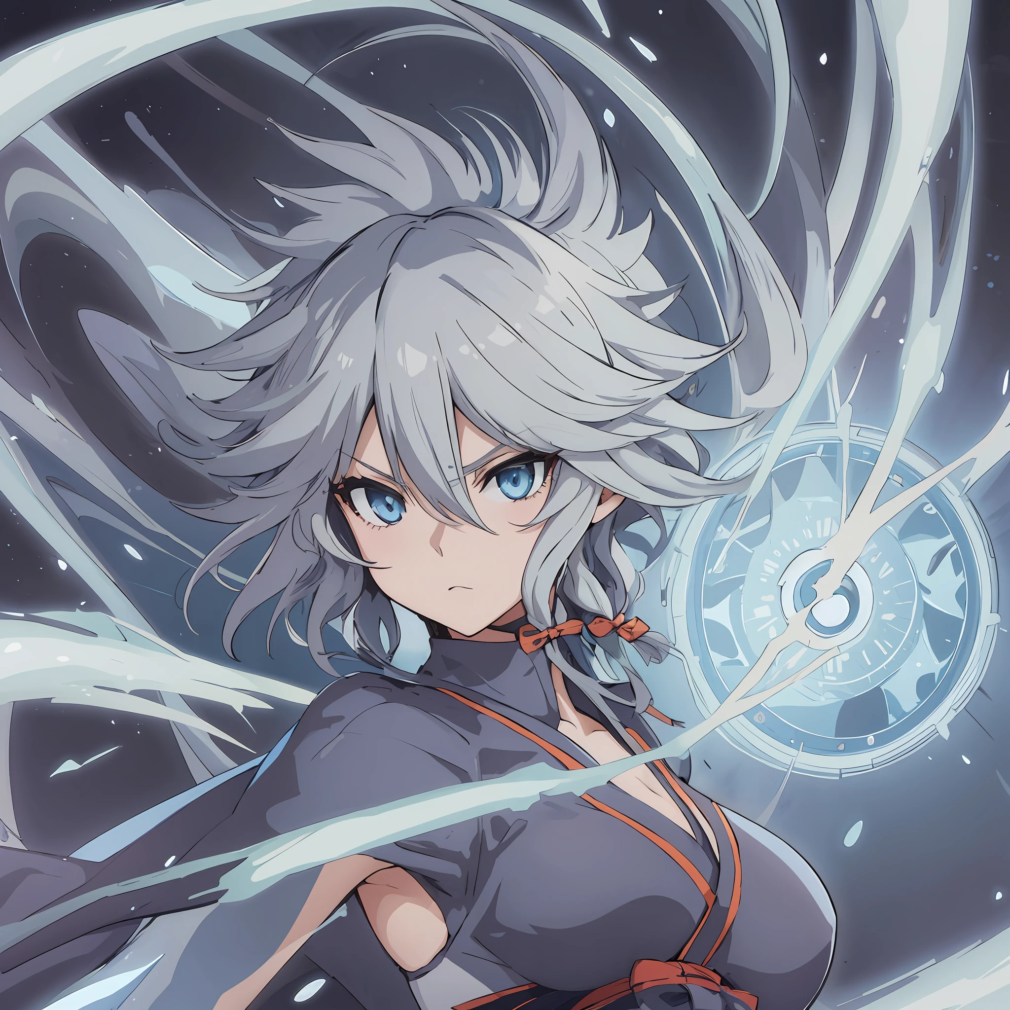 (anime) . Female (Sakuya Izayoi (ninja + time master)), deep blue eyes, short silver hair, portrait, full boby, time station,