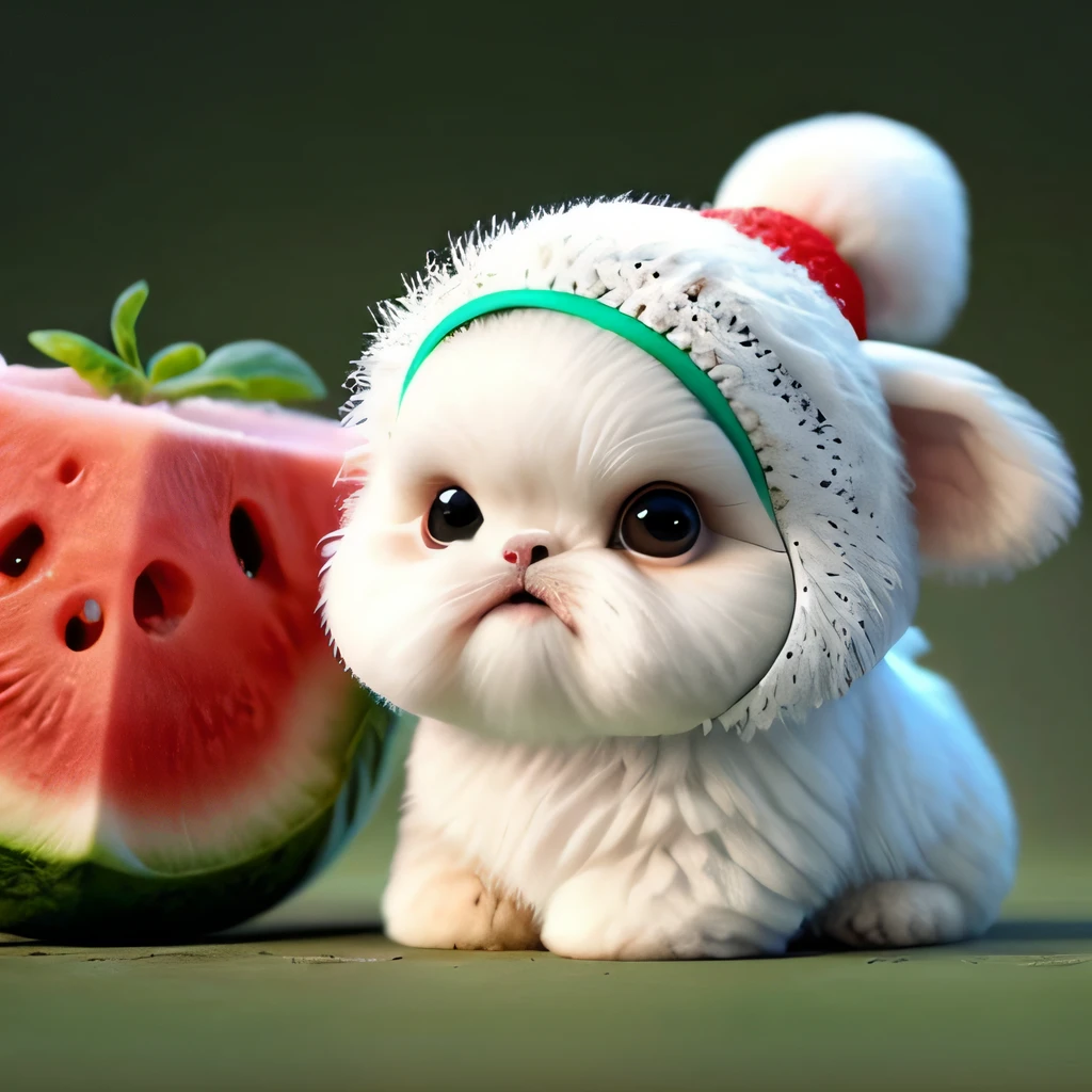 : 3. white  t shih tzu, realista, peludo, animal vestido, manzana, ojeras, rubor, cereza, comida, fruta, cuerpo completo, sombrero, no humano, fresa, tomate, watermelon