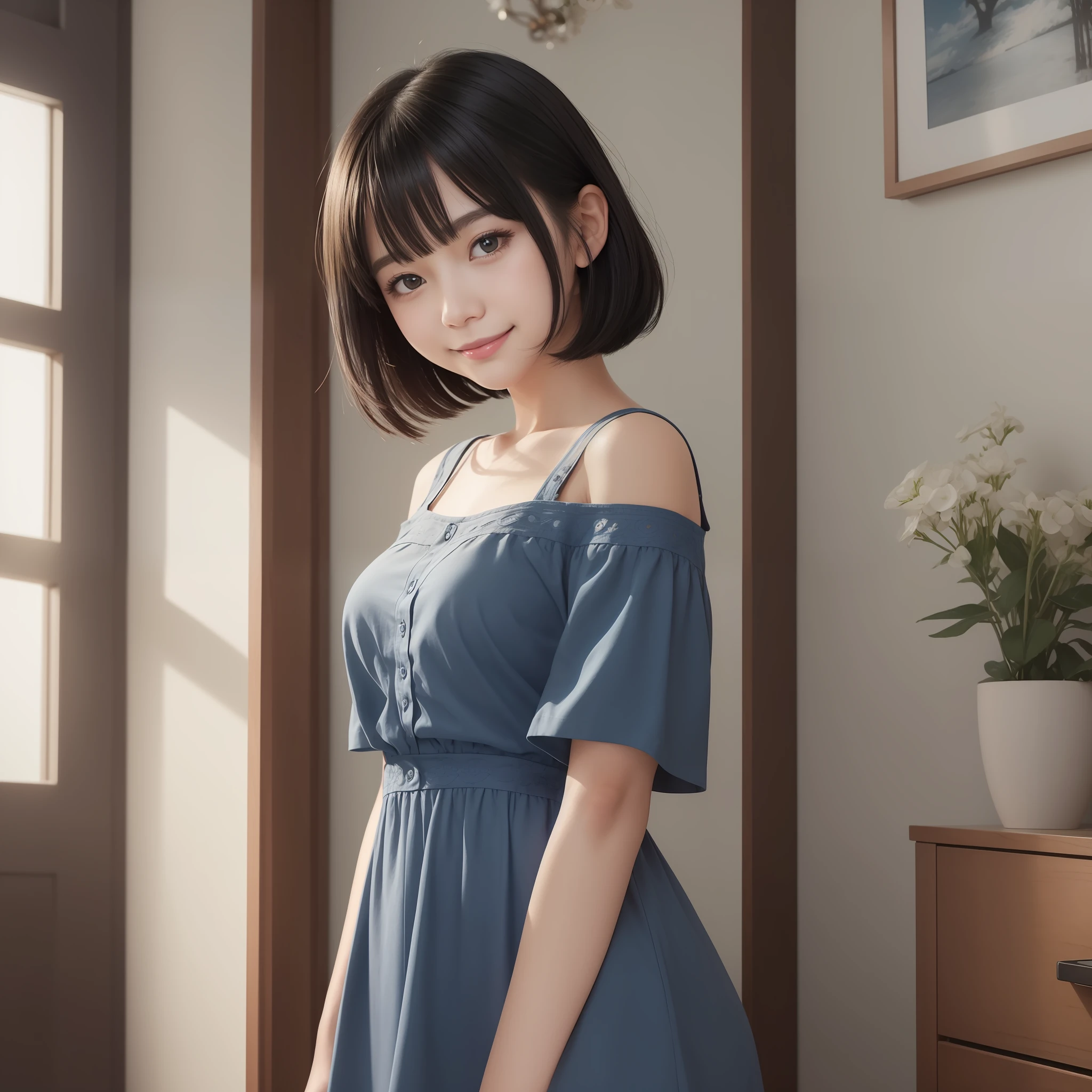 Image of a beautiful girl with top quality CG illustration。In high resolution、Beautiful fine details、tranquil atmosphere。Black Hair Bob Hair、cute smile face。Girl in blue light short sleeve dress standing in room。