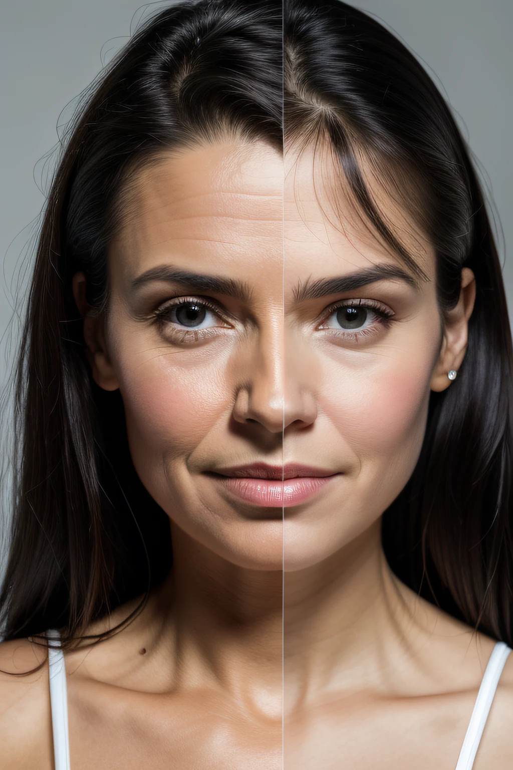 Half of the face is more aging, about 50 years old