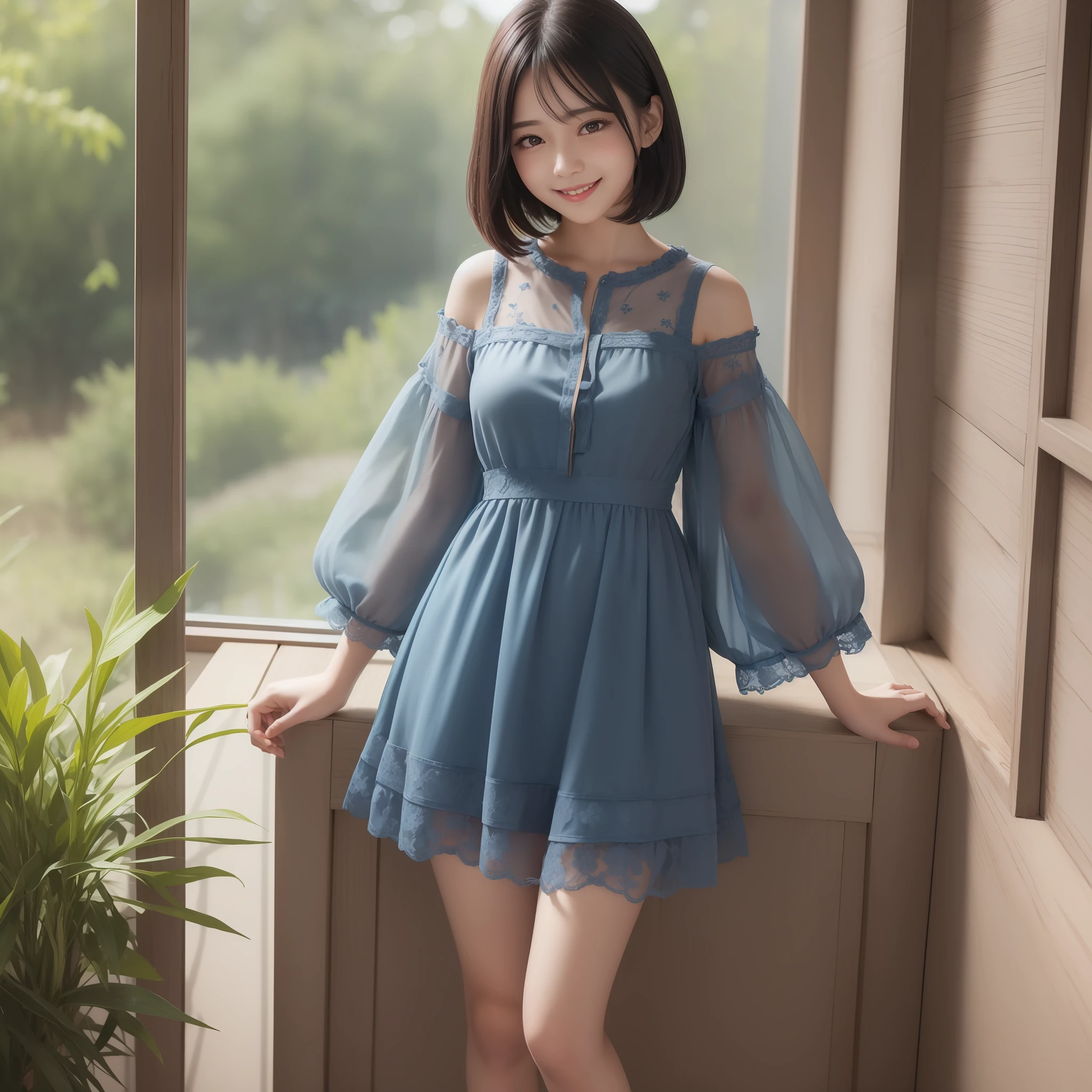Image of a beautiful girl with top quality CG illustration。In high resolution、Beautiful fine details、tranquil atmosphere。Black Hair Bob Hair、cute smile face。Girl in blue light short sleeve dress standing in room。