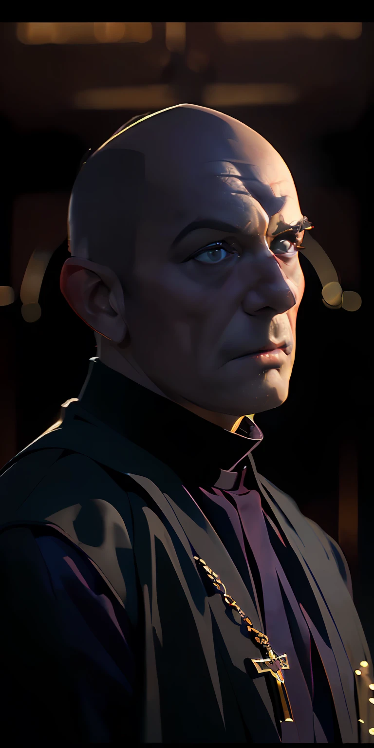 (Character: one italian man, 70 years old, exorcist, serious face,bald)
(Clothing: black Priest's vest, hold a wooden rosary)
(Background: dark alley at night:1.3, intense urban lights in background)
(Style: ((masterpiece:1.5)), (face detailed), photo-realistic:1.3, hyperrealistic, film grain, realistic lighting, backlighting:1.3)