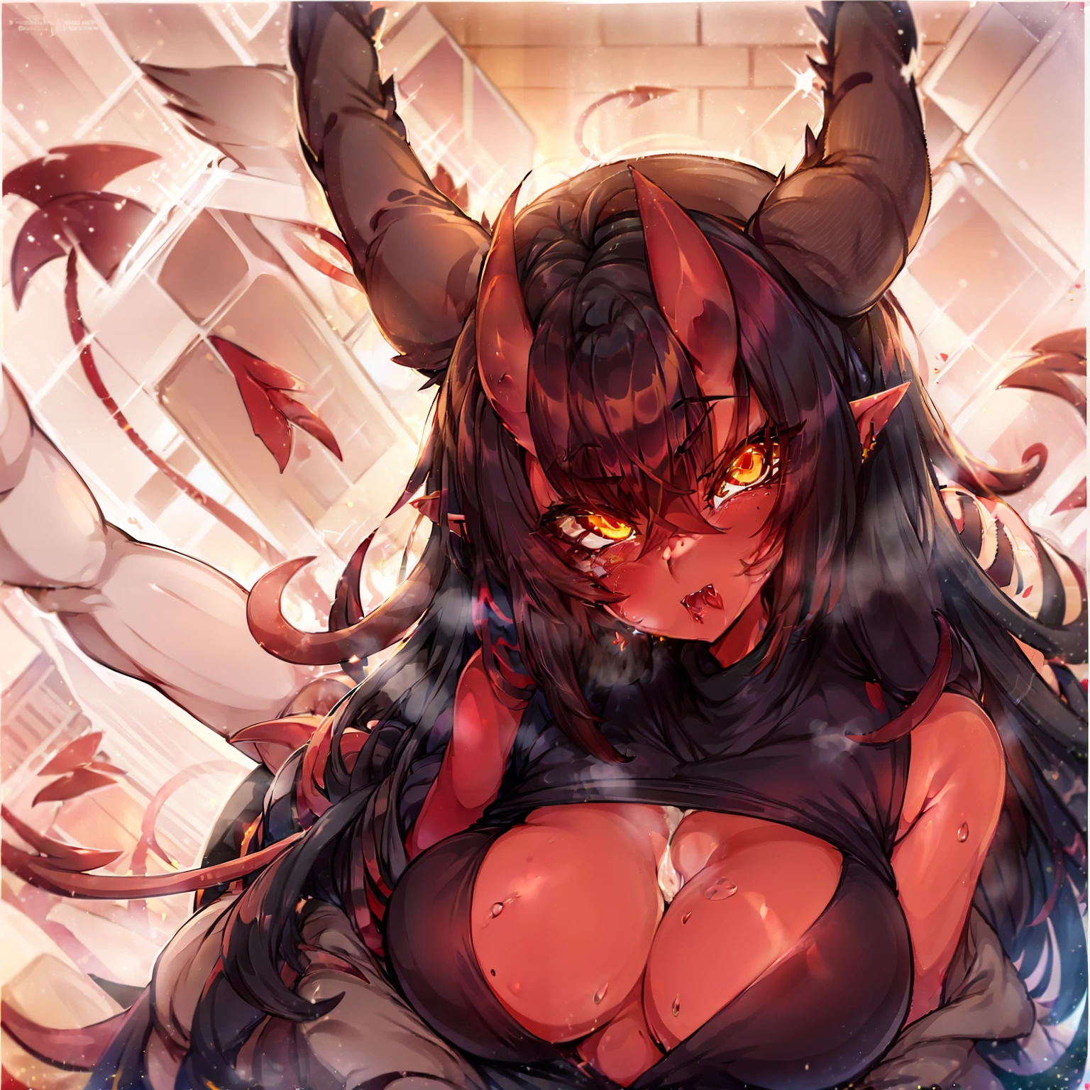 meruccubus, yellow eyes, red oni, simple background, long hair, mole under eye, red horns, oni horns, pointy ears, looking at viewer, skin-covered horns, medium breasts, tail, solo, demon girl, demon tail, 1girl, colored skin, freckles,black hair, red skin , coat , pants