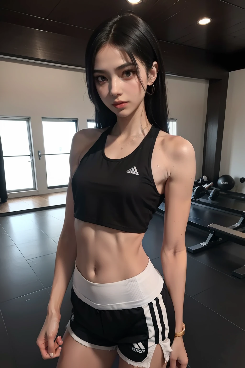 arafed girl in a white tank top and black shorts, photo of slim girl model, sporty physique, photo of slim girl, sweaty abs, fit girl, with abs, sexy body, sultry body with sexy belly, thin waist, attractive body, fit dainty figure, sexy hot body, thin-waist, crop shirt and strong abs