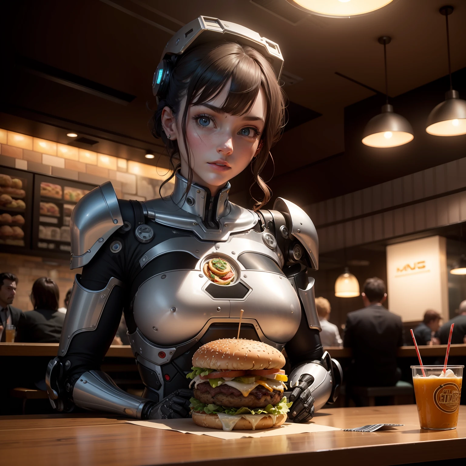 A scene of a highly-detailed, mechanical humanoid robot sitting at a popular artisanal burger joint, delicately holding a gourmet burger in its metallic hands. The onlookers in the busy restaurant are a mix of startled, amazed, and curious faces, each observing the unusual spectacle with wide eyes. The robot displays a programmed sense of enjoyment as it carefully consumes the human food. Cinematic lighting highlights the intricate details of the robot and the rich textures of the burger. Captured as a wide-angle shot, allowing for a full view of the restaurant's unique interior and the crowd's reaction. Ultra-high definition, 4K, realistic CG rendering.