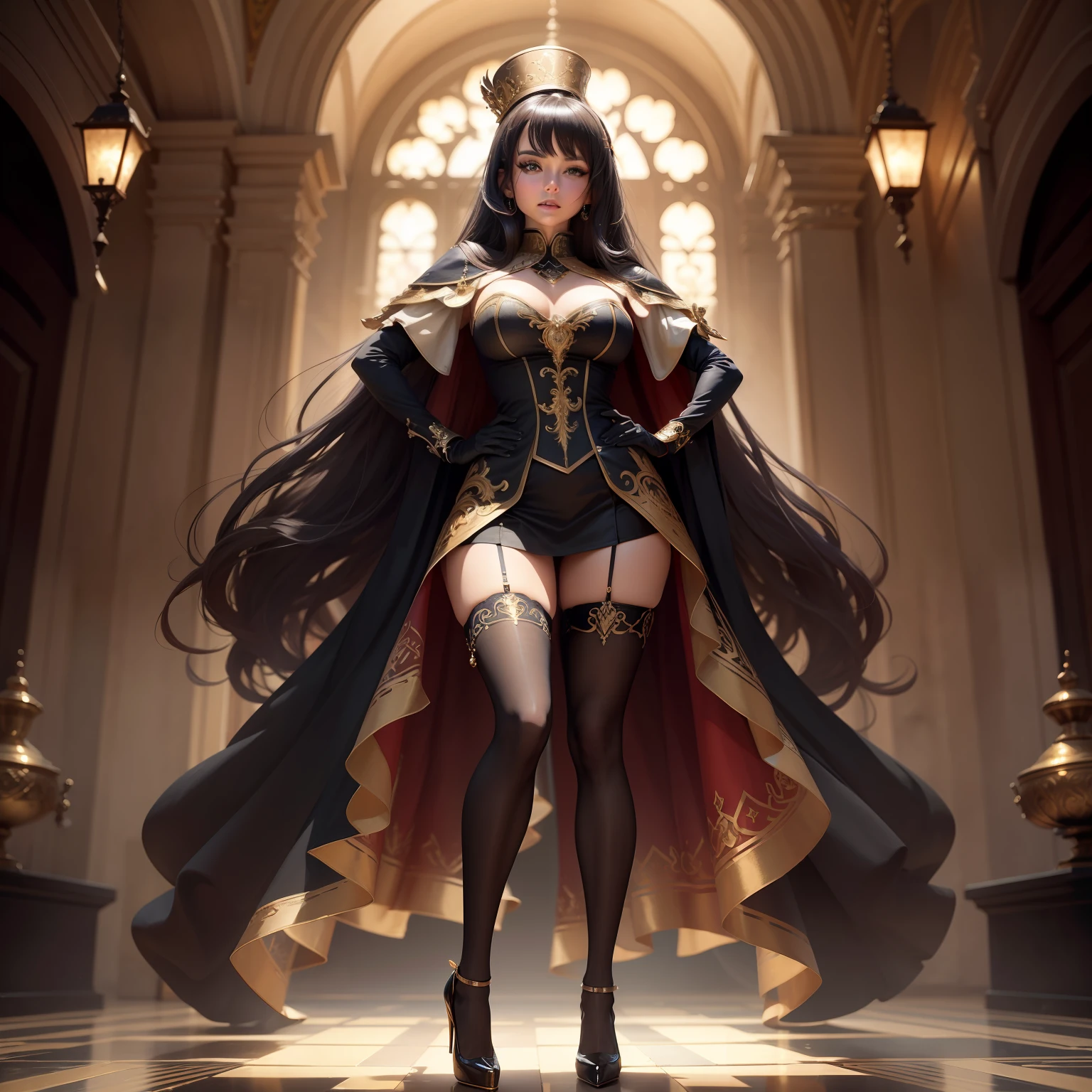 Idol uniform,There must be a lot of ornaments on the body,luxury goods,There must be only one person in the whole picture,The entire leg must be displayed in its entirety, And must wear extra-long gloves,Stockings are mandatory,High heels must be worn,Must be a full-body image,anatomy correct,(realisticlying,tmasterpiece,The best quality,hyper HD,The is very detailed,cinmatic lighting),(delicated face,best qualtiy,very detailed eyes and faces,stunningly beautiful)