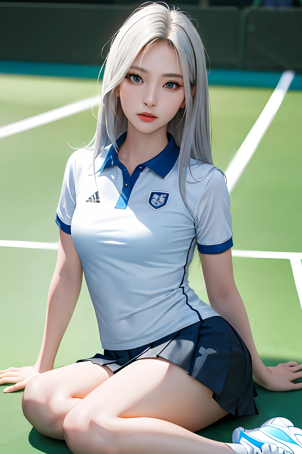 hoang lap、tmasterpiece、Best quality、realisticlying、hyper-detailing、（Shiny skin，sweat leggs:1.4）、slim、Look at the audience、1girl、solo、tennis wear、White polo shirt、White sneakers、white mini-skirt、long whitr hair、silber hair、eBlue eyes、（thick thight:0.5）、动态照明、A high resolution、sharp fokus、depth of fields、Small breasts expose