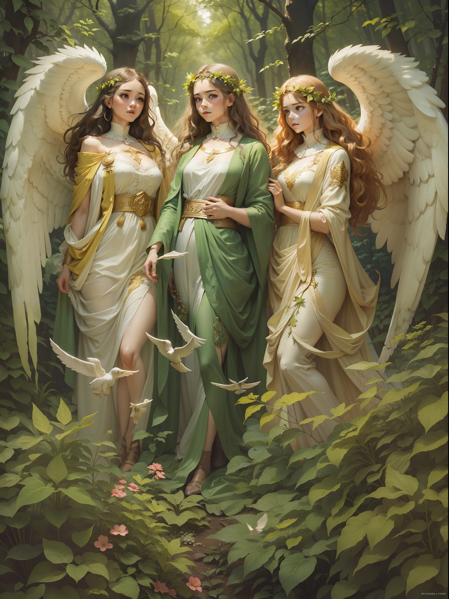 Glorious angels in a green forest