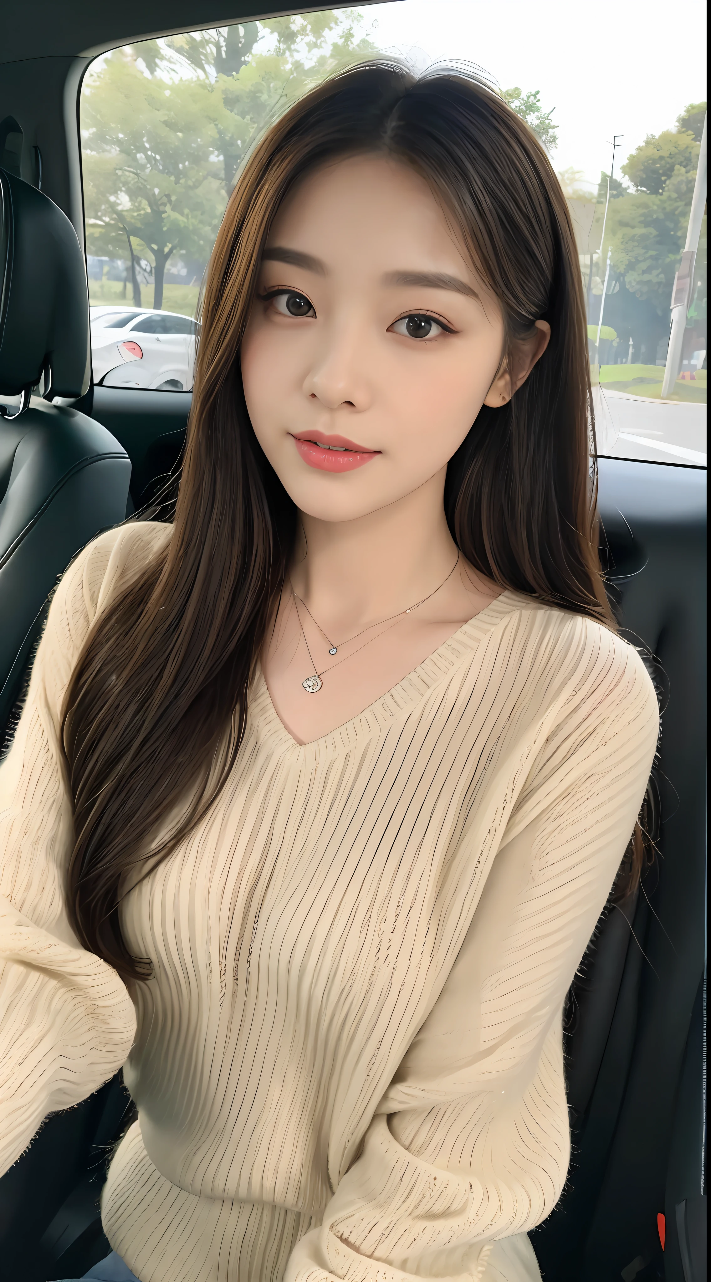 ((Best Quality, 8k, Masterpiece: 1.3)), Focus: 1.2, Perfect Body Beauty: 1.4, Buttocks: 1.2, ((Delicate Hair)), (Sweater Dress: 1.1), (Sports car, street: 1.2), Highly detailed face and skin texture, Fine eyes, Double eyelids, Whitened skin, Smile, Wearing necklace, ring, person sitting inside a car.