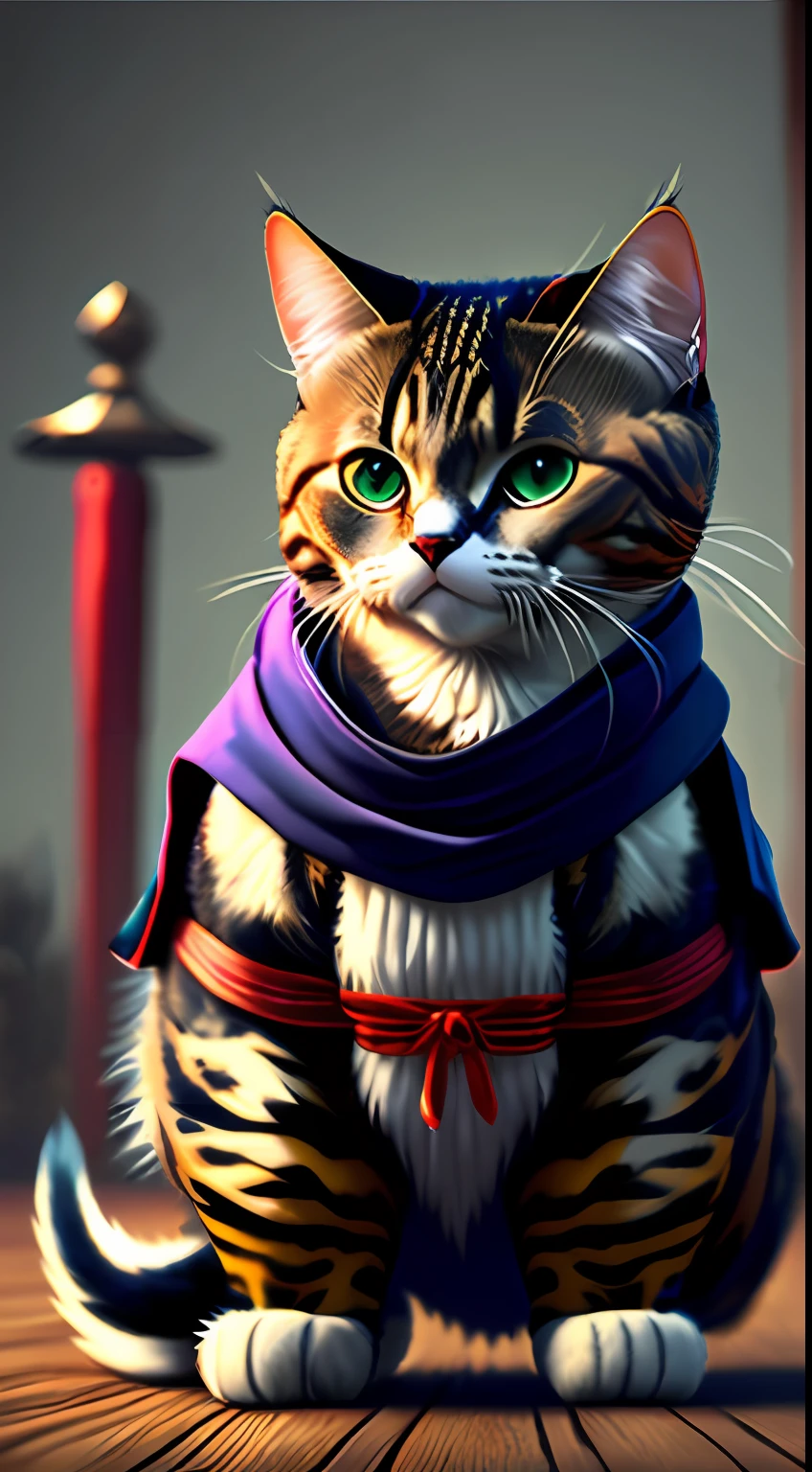 Gato musculoso, com roupa de samurai,4k red senary,alta resolução