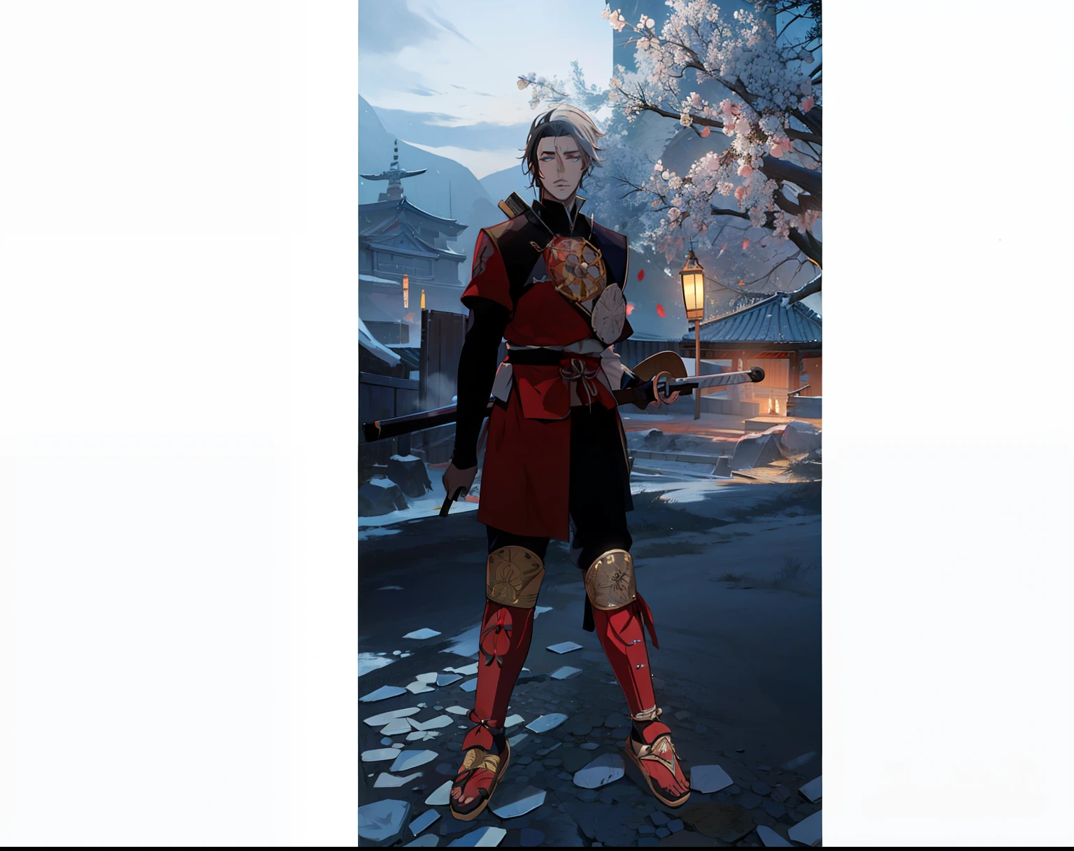 Homen Samurai com cabelo branco 8k