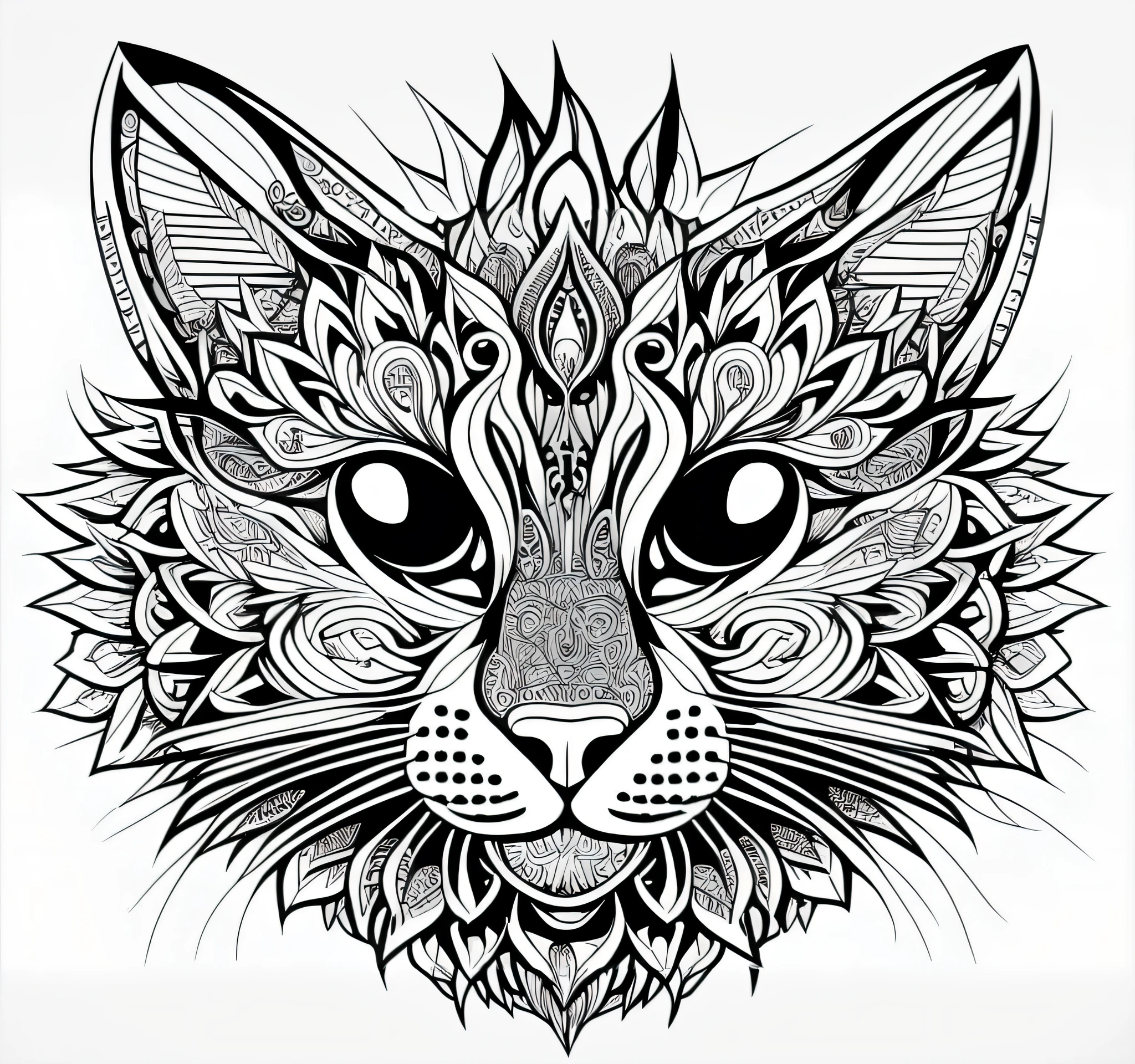 a black and white drawing of a cat with a pattern on its face, gato detalhado, Desenho detalhado em 4K, design do gato, highly detailed and hypnotic, arte vetorial em preto e branco, arte de linha detalhada, arte de linha hiper detalhada, desenho digital detalhado, pelo intrincado detalhado, coloring book page, com muitos detalhes, Lineart Behance HD |, line art colouring page