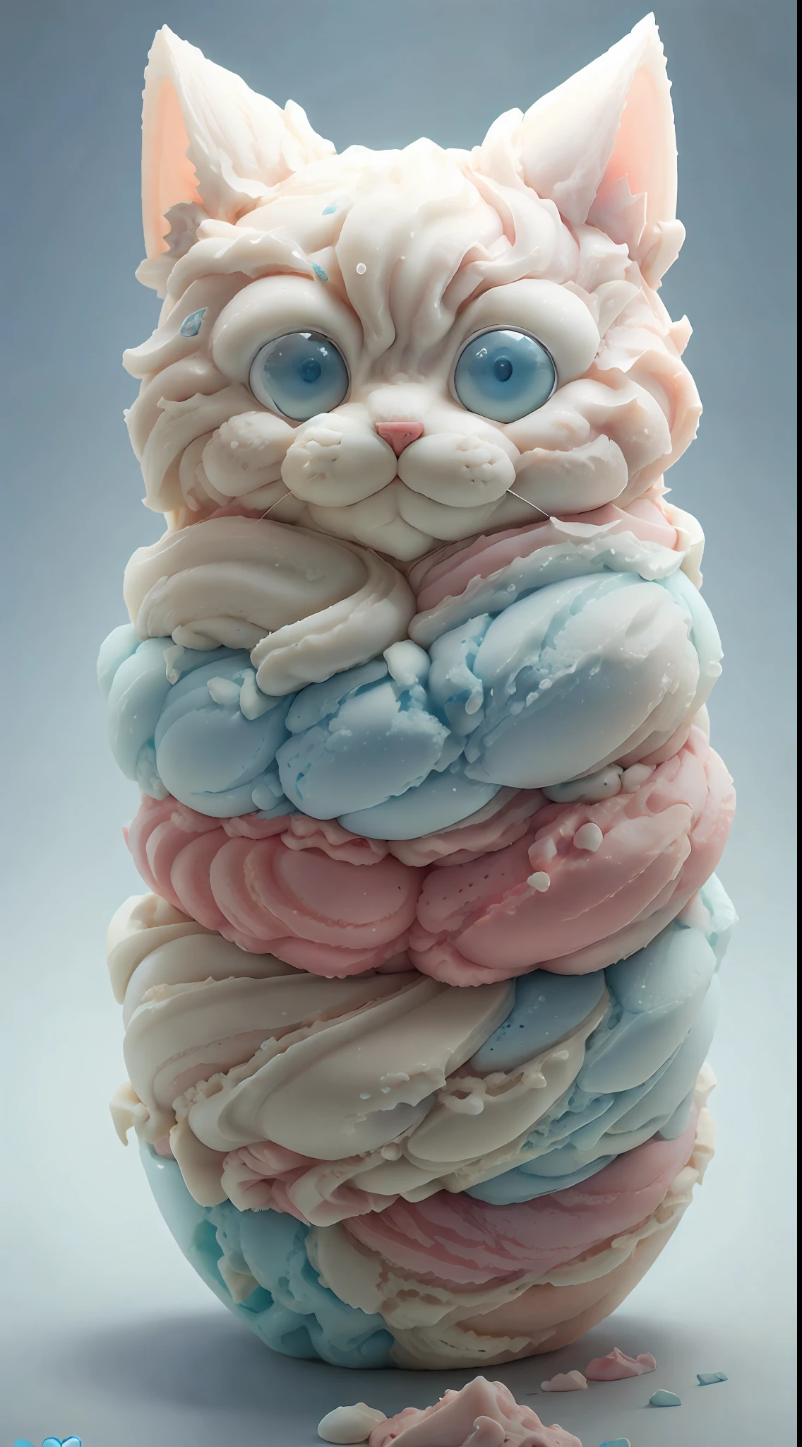 Ice cream style cat body，Big blue eyes，brightly、photorealistic eye，ssmile，Funny