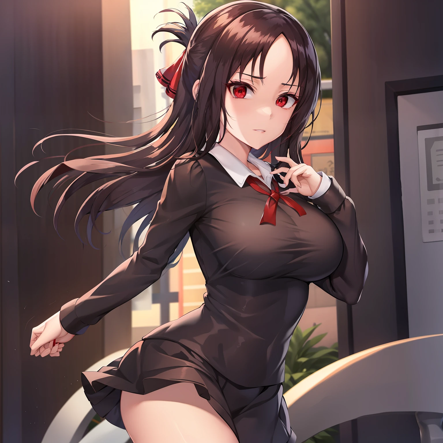 2d, tmasterpiece, Best quality at best, anime big breast, Very detailed eyes, very vey very detailed face, very highly detailed background, perfect litthing, full bodyesbian, 1girl, kaguya-sama wa kokurasetai ~tensai-tachi no renai zunousen~, shinomiya kaguya, brunette color hair, Red ribbon，shairband，red eyes，校服，walk，schools，face expressionless，swim wears