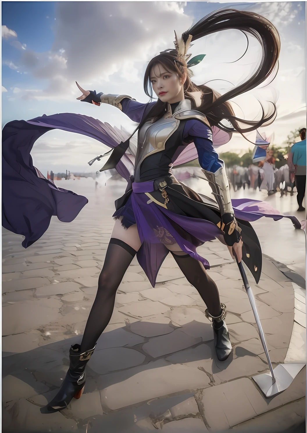 Female general of ancient China,详细的脸,Determined gaze,domineering side leak,Dignified and beautiful,Wear blue-purple armor,Wearing blonde hairpins,Wear black stockings,Wear purple booties,The left hand holds a long sword,Point your right hand into the distance,(((Behind him were marching troops))),The weather is gloomy,dark stormy clouds,There were crows flying by,Dark purple tones,Background bokeh,high high quality,illustrious,Best variety,hyper HD,RAW photos