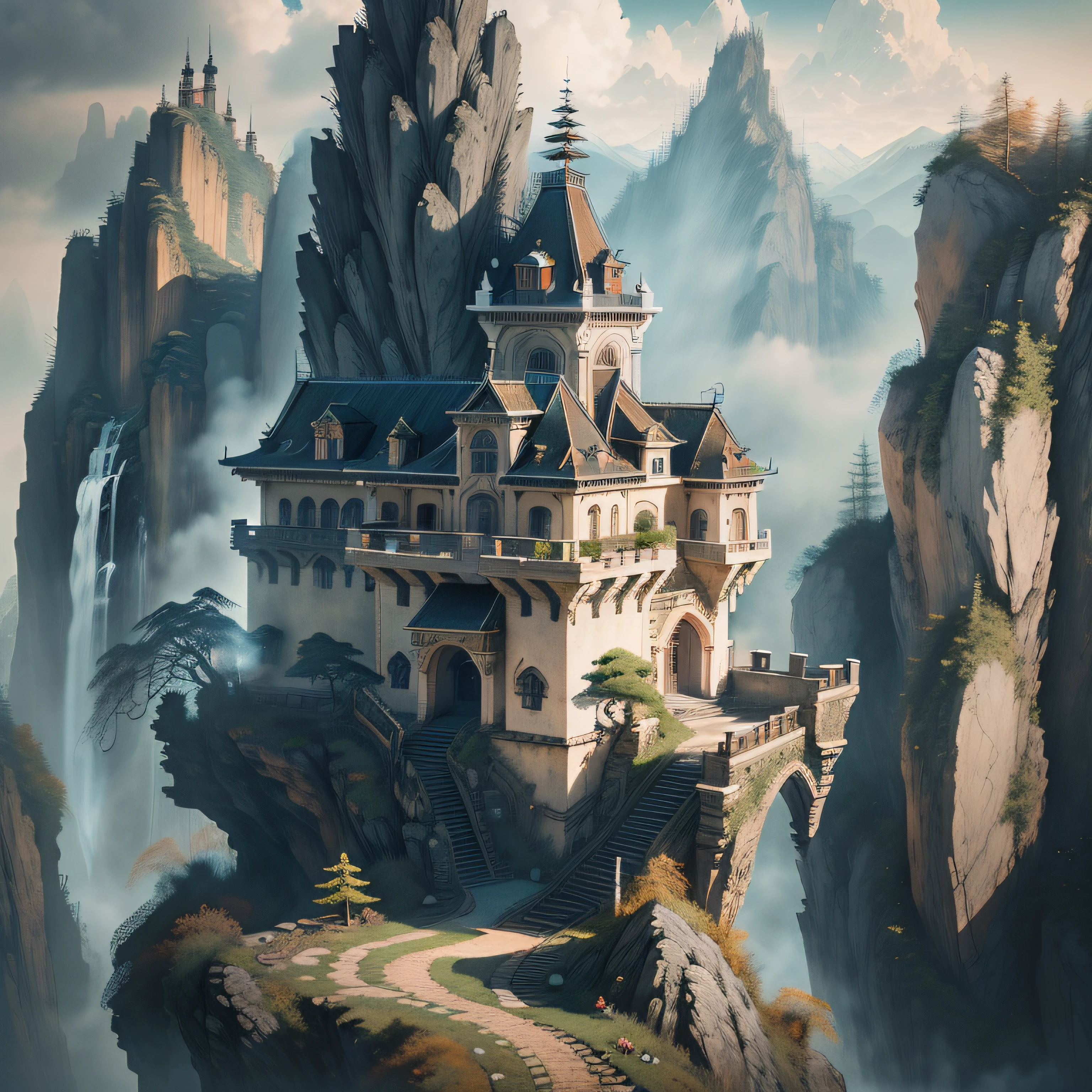 A forbidden castle high up in the mountains, pixel art, (intricate details:1.12), hdr, (intricate details, hyperdetailed:1.15), (natural skin texture, hyperrealism, soft light, sharp:1.2), game art, key visual, surreal