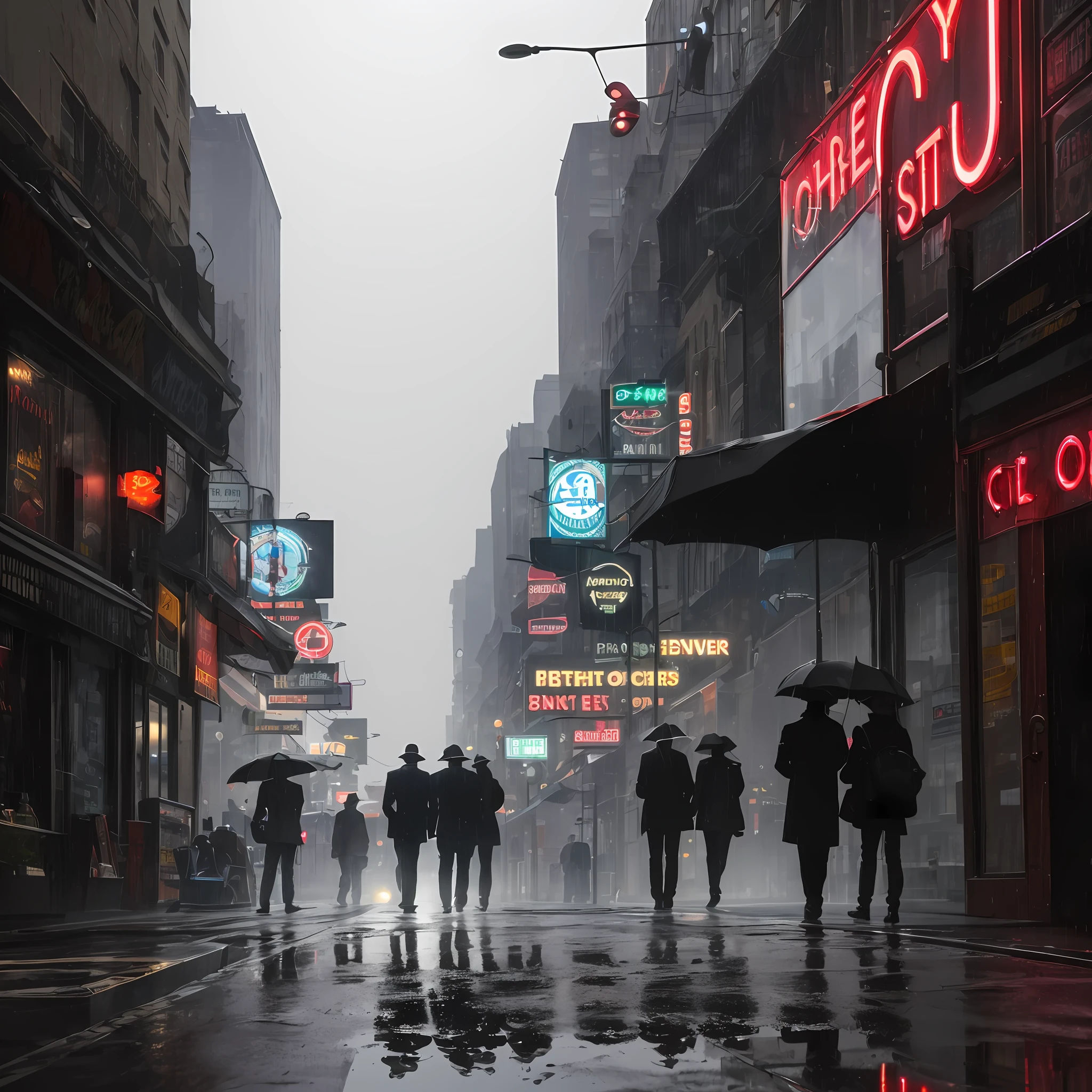 A rain-soaked city street, slick with the reflection of neon signs, the only source of light in an otherwise dark and mysterious scene. Long shadows stretch across the pavement as silhouettes of trench-coated figures move through the fog, hinting at secret meetings and hidden agendas.